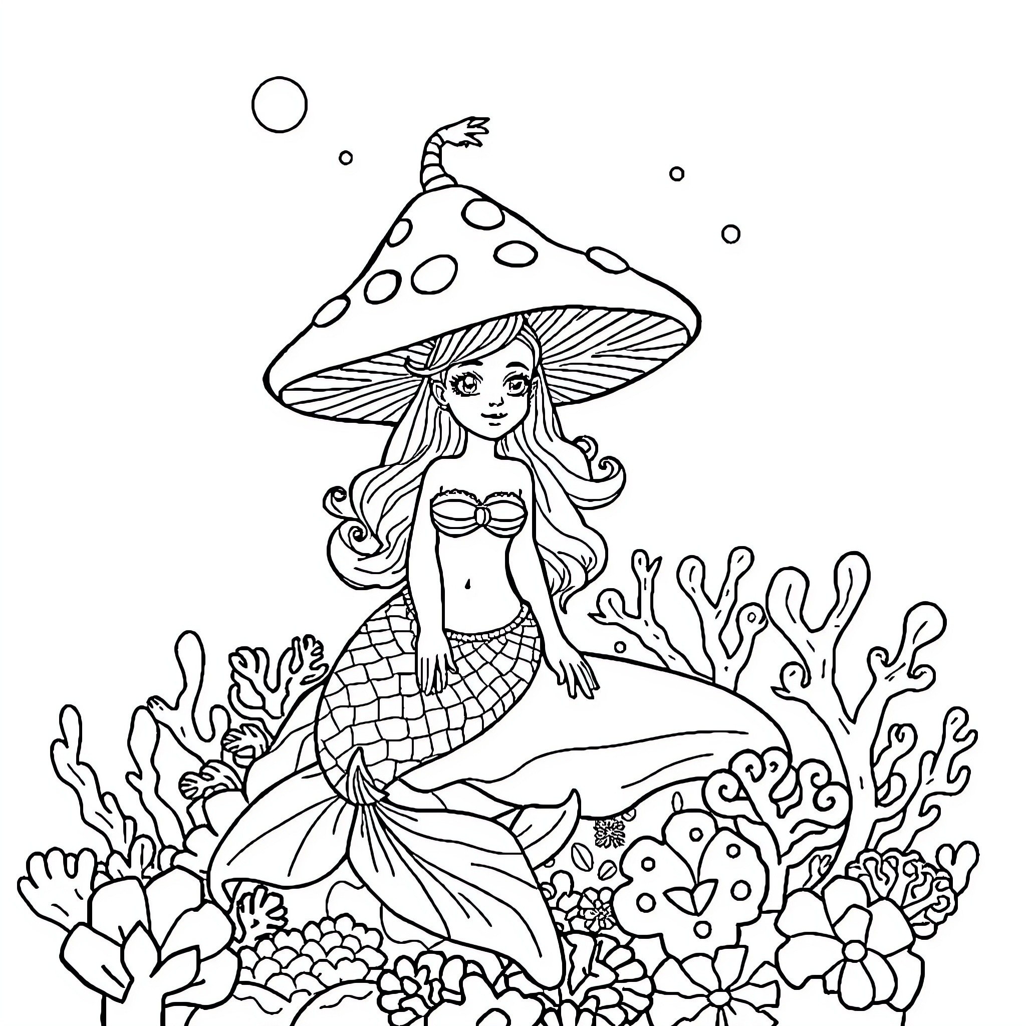 Mushroom Mermaid Enjoying the Underwater Scene Coloring Page (free black-and-white line drawing printable PDF for all, from beginners to advanced learners, including children, teens, adults, and seniors)
