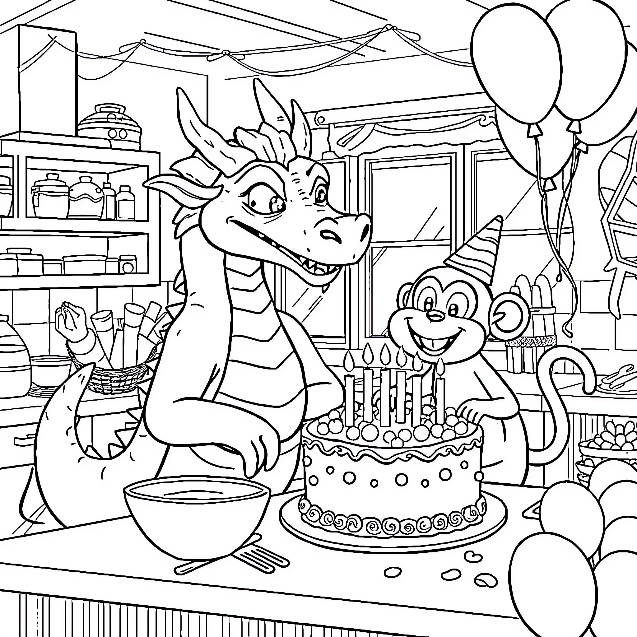 Dragon's Birthday Party Celebration with Friends Coloring Page (free black-and-white line drawing printable PDF for all, from beginners to advanced learners, including children, teens, adults, and seniors)