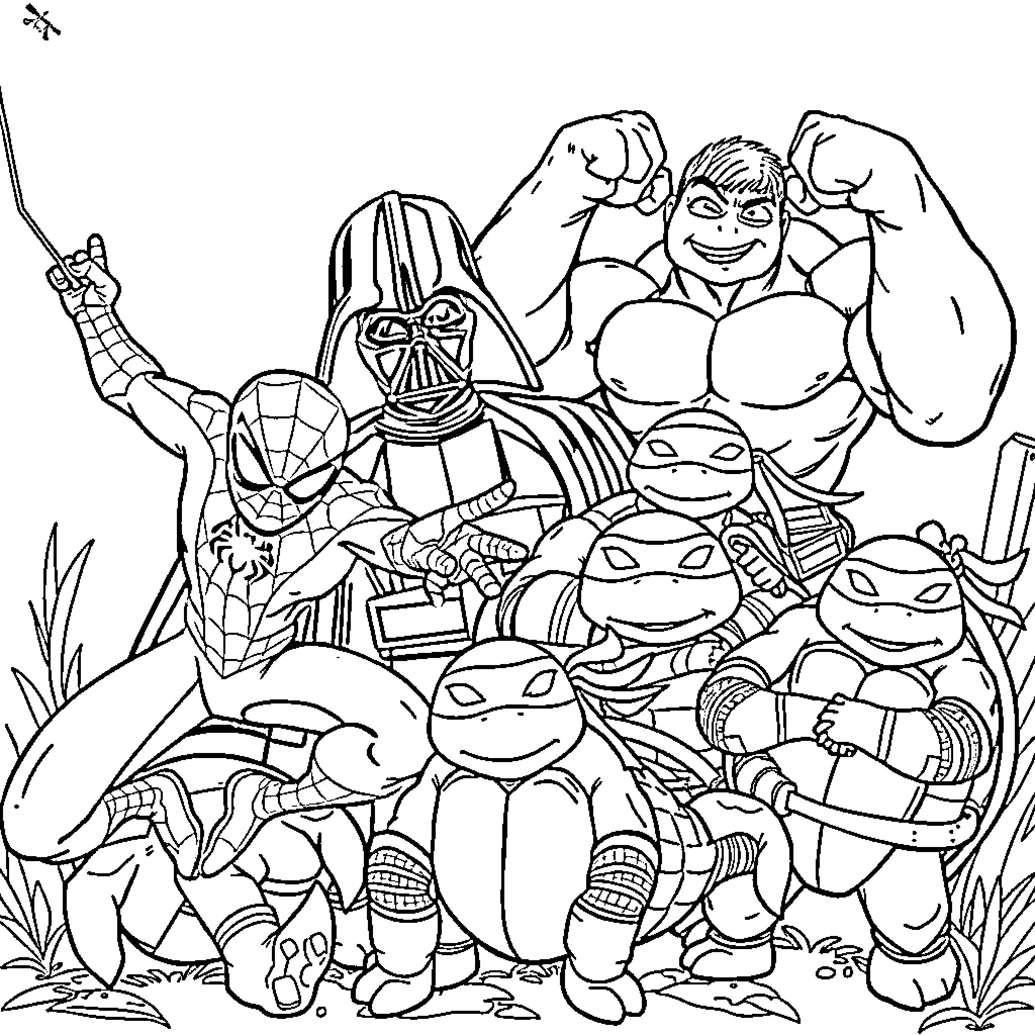 Superhero Characters in Action-Packed Illustration Coloring Page (free black-and-white line drawing printable PDF for all, from beginners to advanced learners, including children, teens, adults, and seniors)