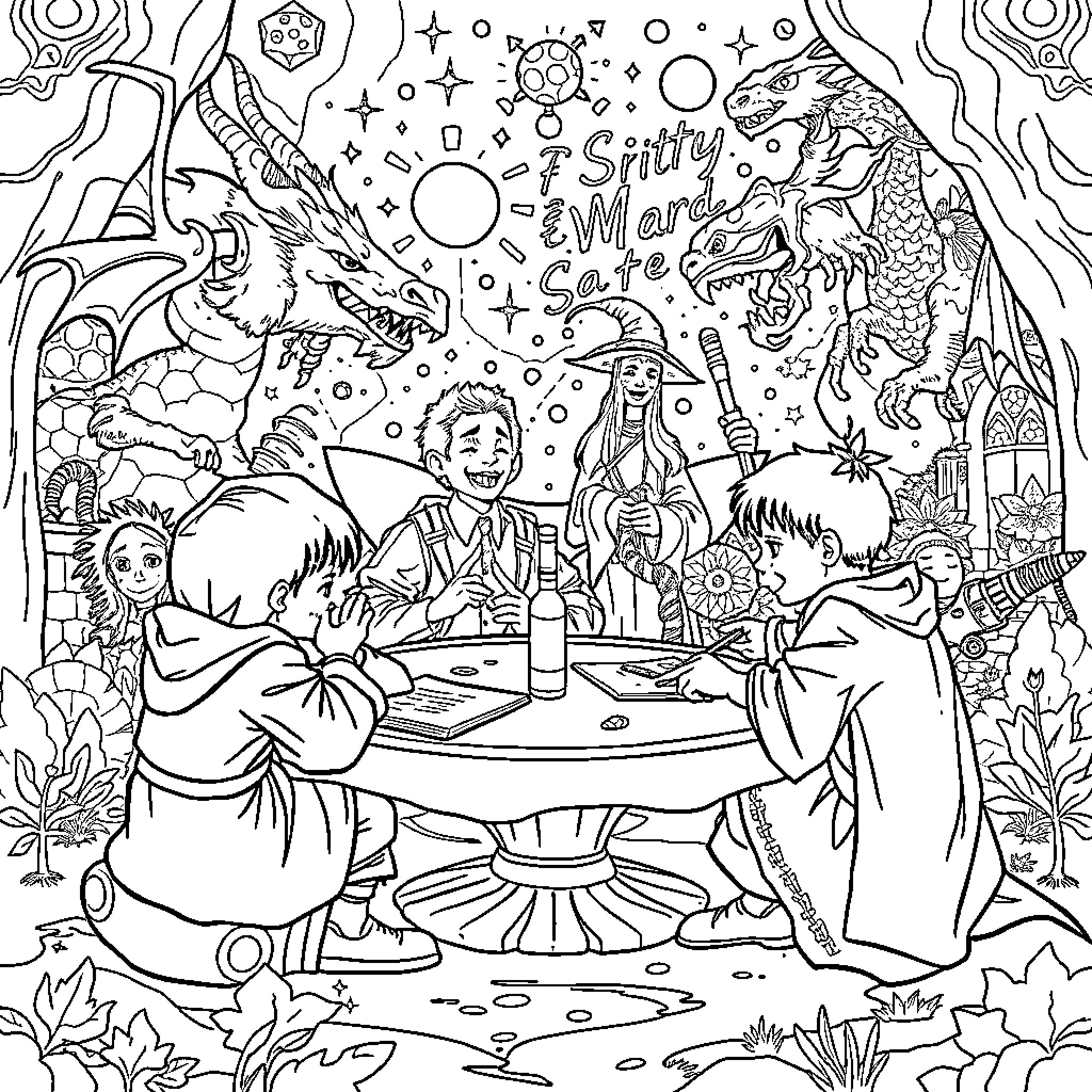 Kids enjoying a magical party with mythical creatures Coloring Page (free black-and-white line drawing printable PDF for all, from beginners to advanced learners, including children, teens, adults, and seniors)