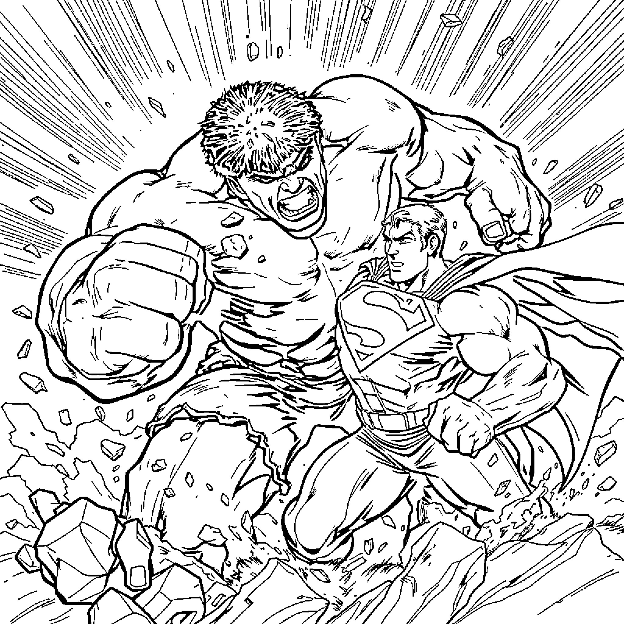 Hulk clashing with Superman in epic battle Coloring Page (free black-and-white line drawing printable PDF for all, from beginners to advanced learners, including children, teens, adults, and seniors)