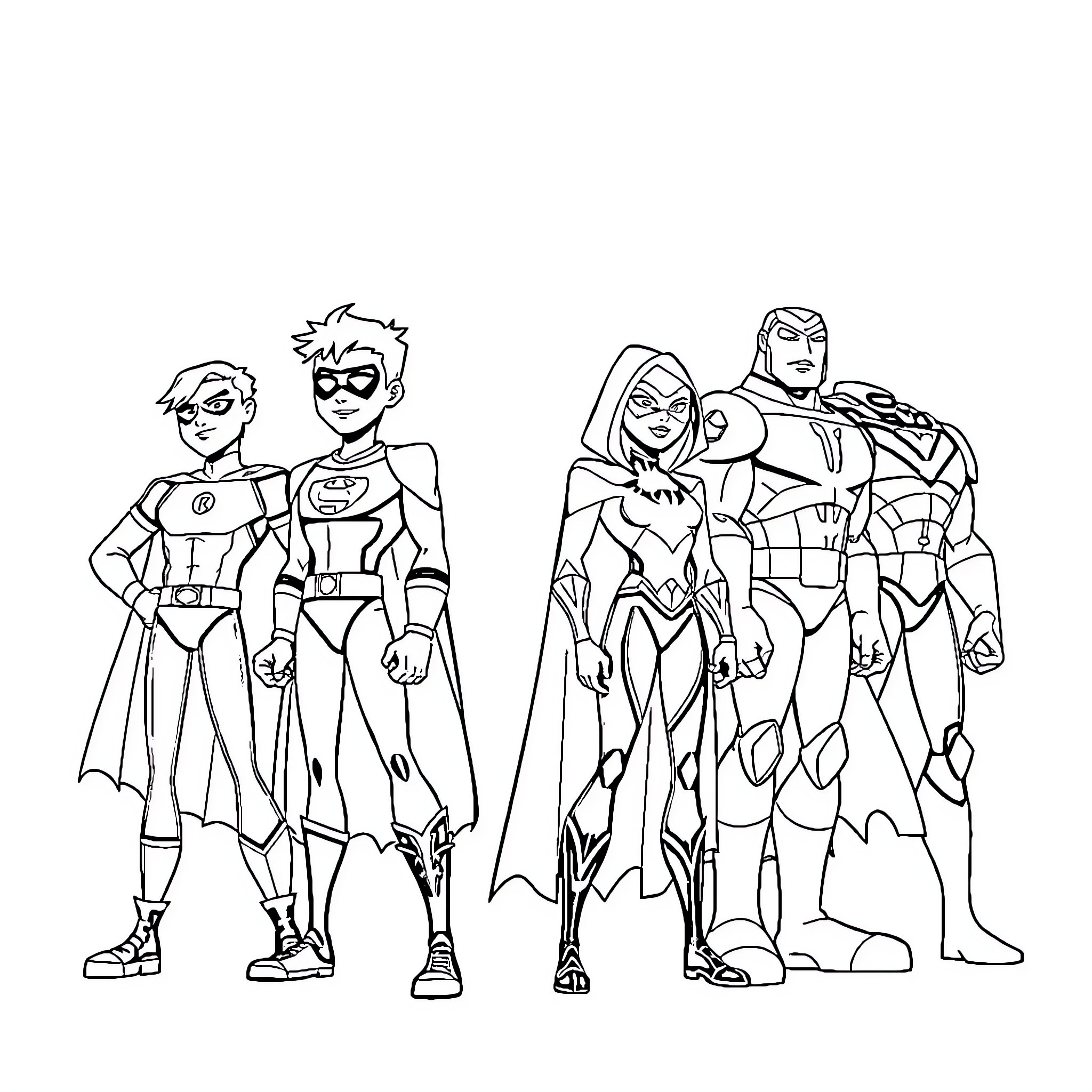 Teen Titans in superhero action poses Coloring Page (free black-and-white line drawing printable PDF for all, from beginners to advanced learners, including children, teens, adults, and seniors)
