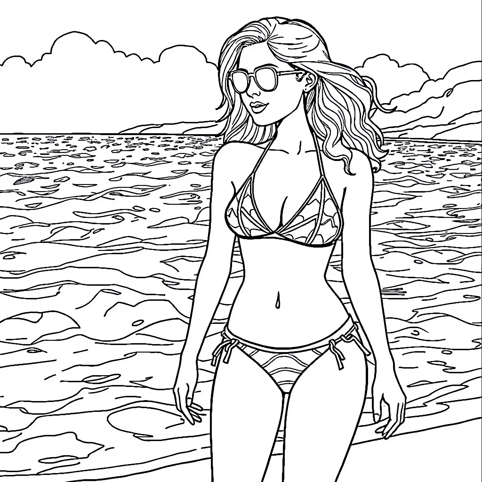 Girl enjoying a sunny day at the beach Coloring Page (free black-and-white line drawing printable PDF for all, from beginners to advanced learners, including children, teens, adults, and seniors)