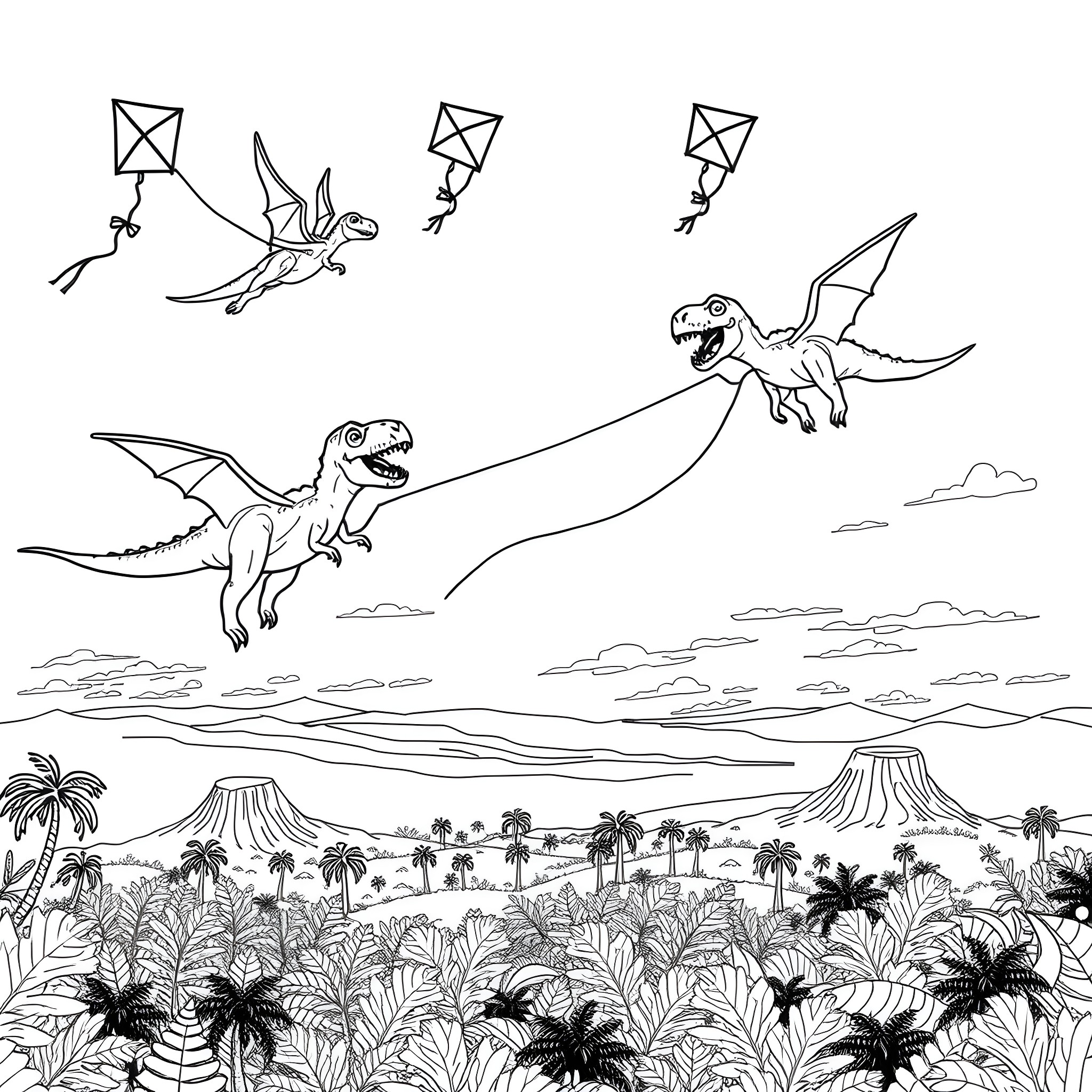 Dinosaurs flying kites in the prehistoric landscape Coloring Page (free black-and-white line drawing printable PDF for all, from beginners to advanced learners, including children, teens, adults, and seniors)