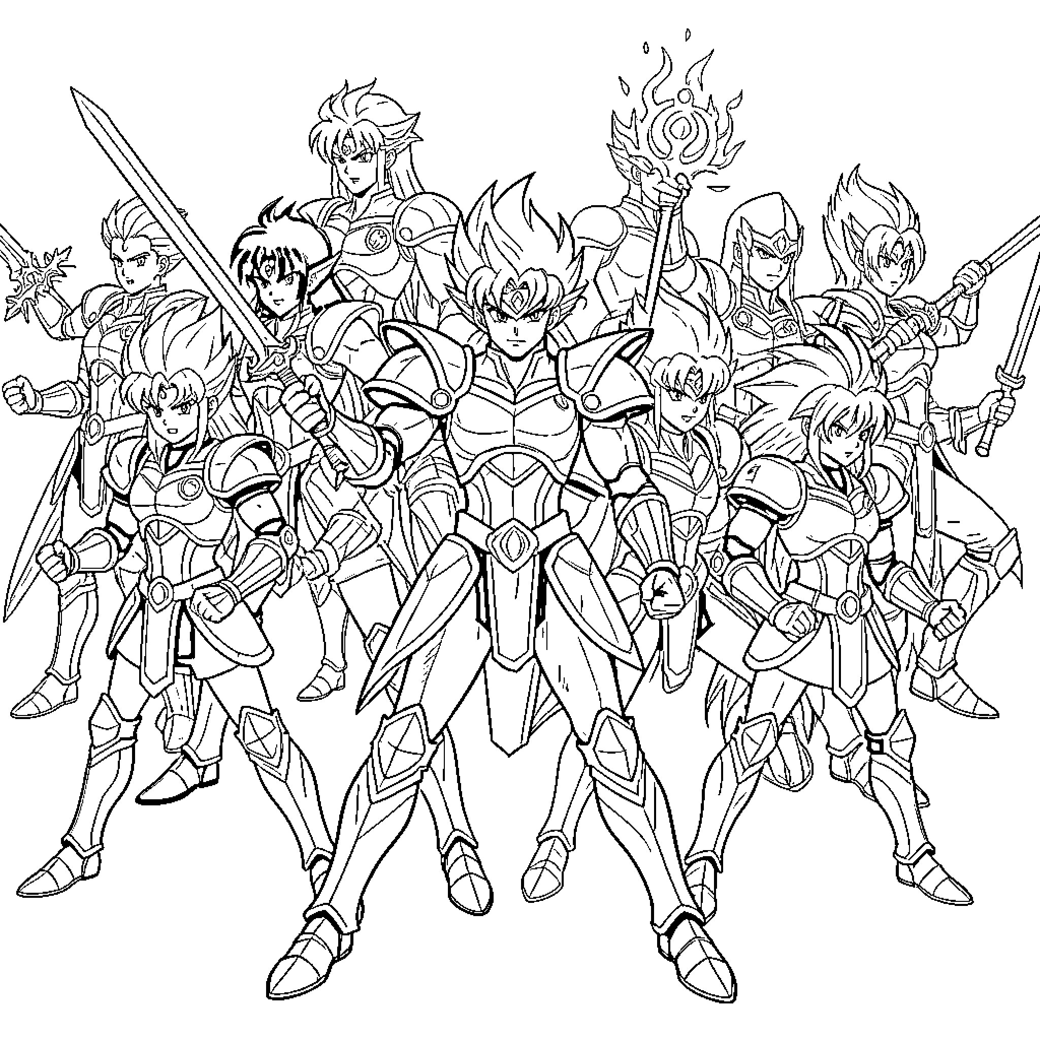 Zodiac Knight - Heroic Ensemble in Fierce Battle Poses Coloring Page (free black-and-white line drawing printable PDF for all, from beginners to advanced learners, including children, teens, adults, and seniors)
