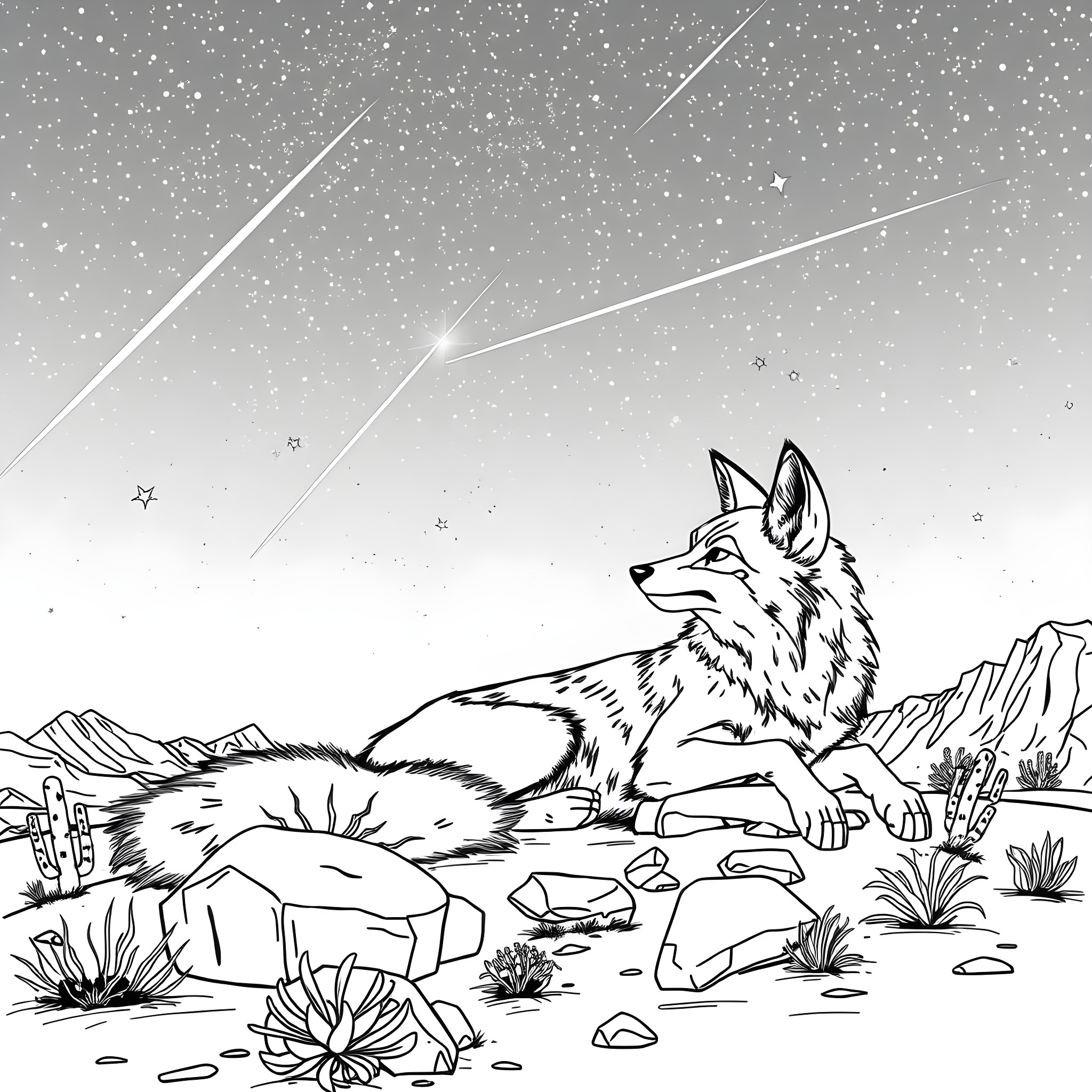 Coyote gazing at shooting stars in the desert Coloring Page (free black-and-white line drawing printable PDF for all, from beginners to advanced learners, including children, teens, adults, and seniors)