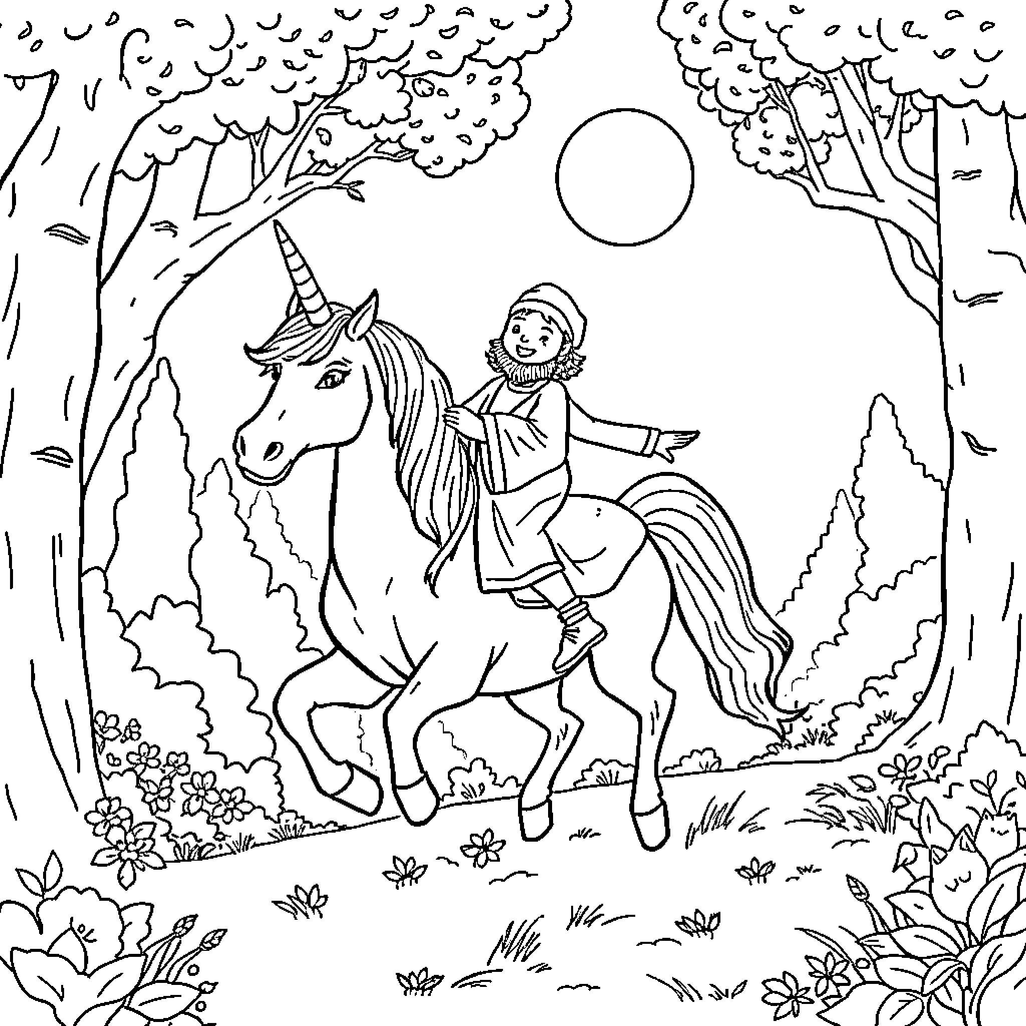 Rumi's Enchanting Unicorn Adventure Coloring Page (free black-and-white line drawing printable PDF for all, from beginners to advanced learners, including children, teens, adults, and seniors)