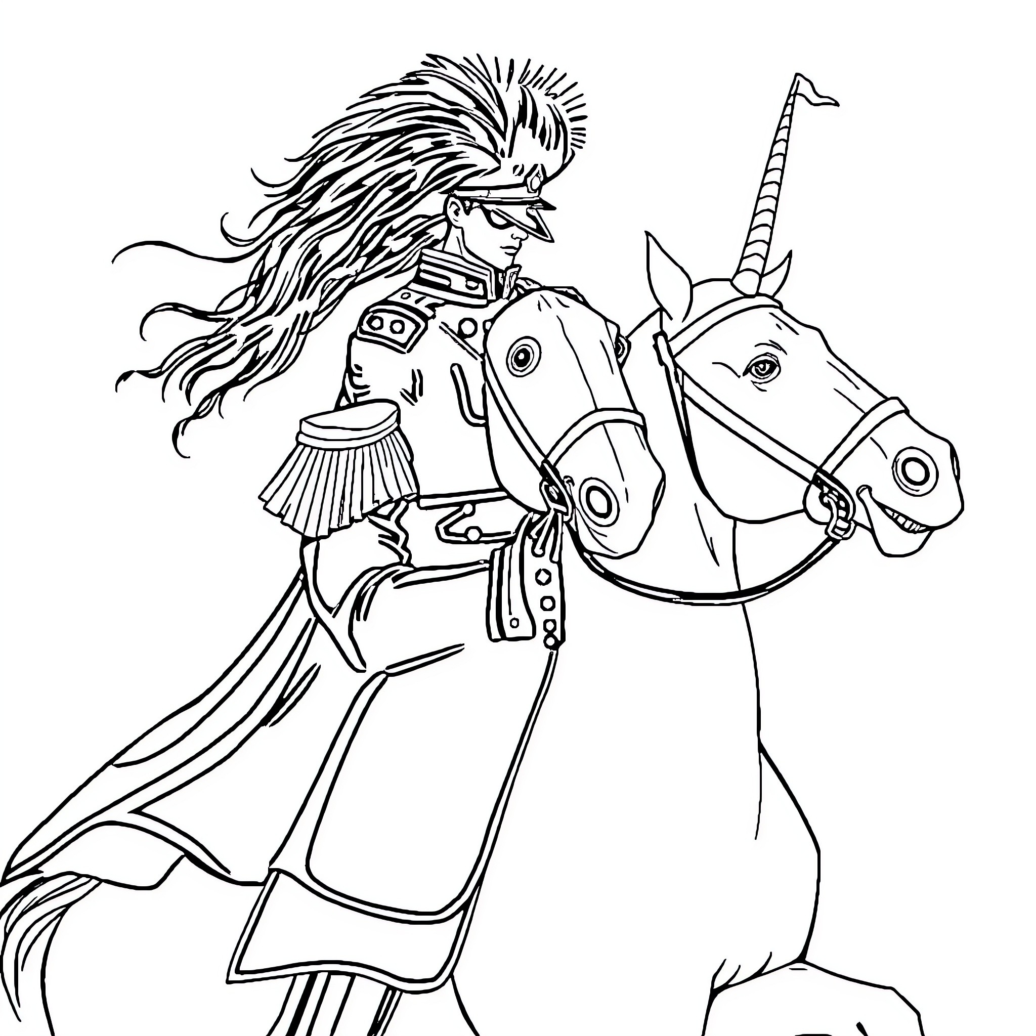 Soldier on majestic unicorn, armed and ready for battle Coloring Page (free black-and-white line drawing printable PDF for all, from beginners to advanced learners, including children, teens, adults, and seniors)