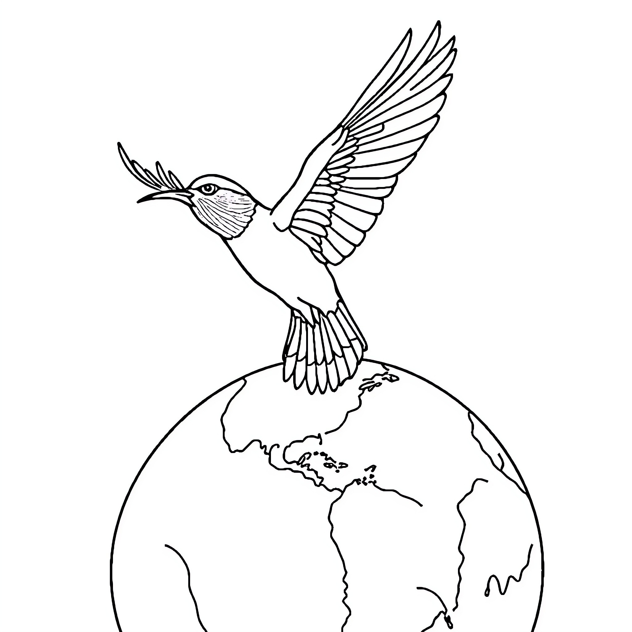 Bird soaring above the world Coloring Page (free black-and-white line drawing printable PDF for all, from beginners to advanced learners, including children, teens, adults, and seniors)