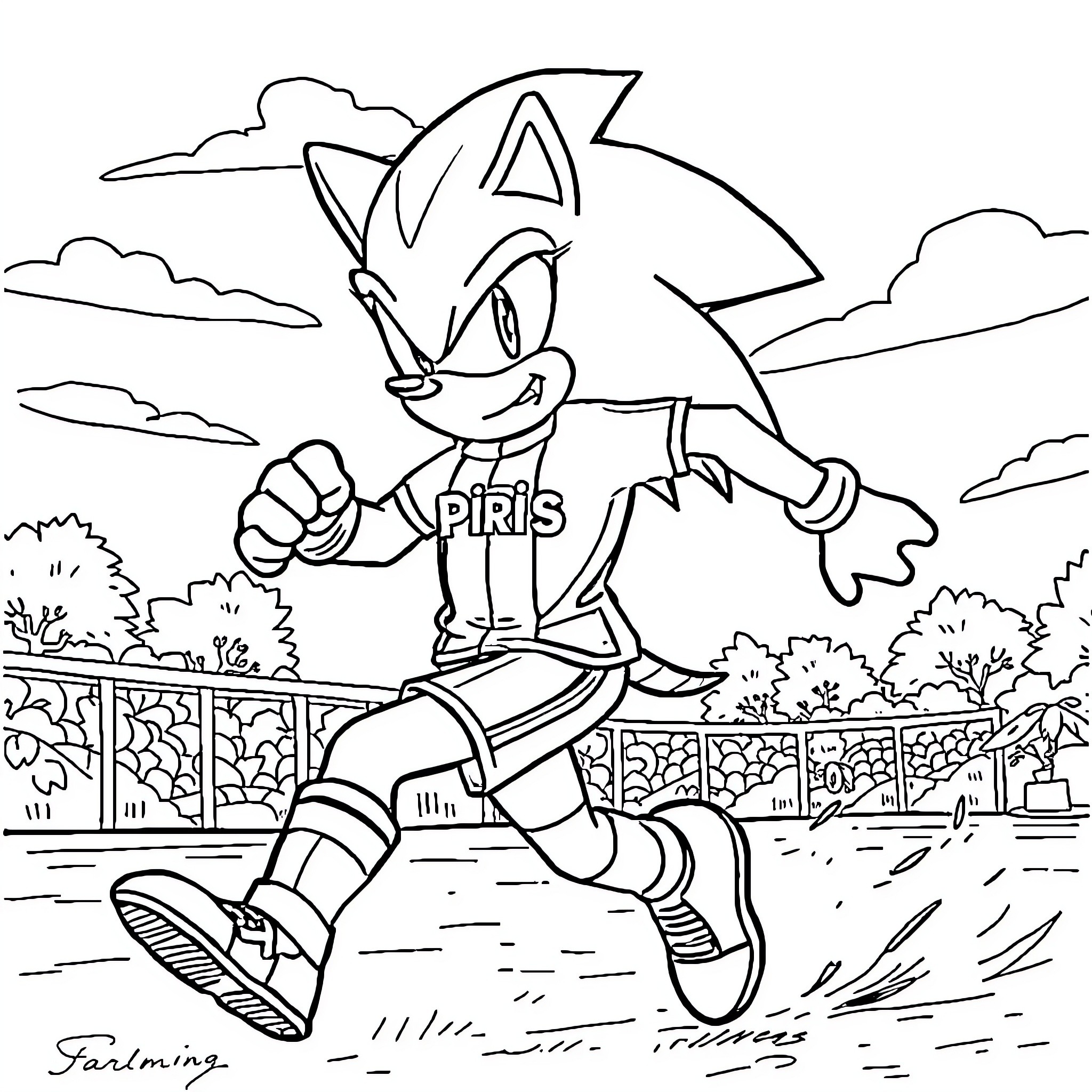 Sonic running enthusiastically in the outdoors Coloring Page (free black-and-white line drawing printable PDF for all, from beginners to advanced learners, including children, teens, adults, and seniors)