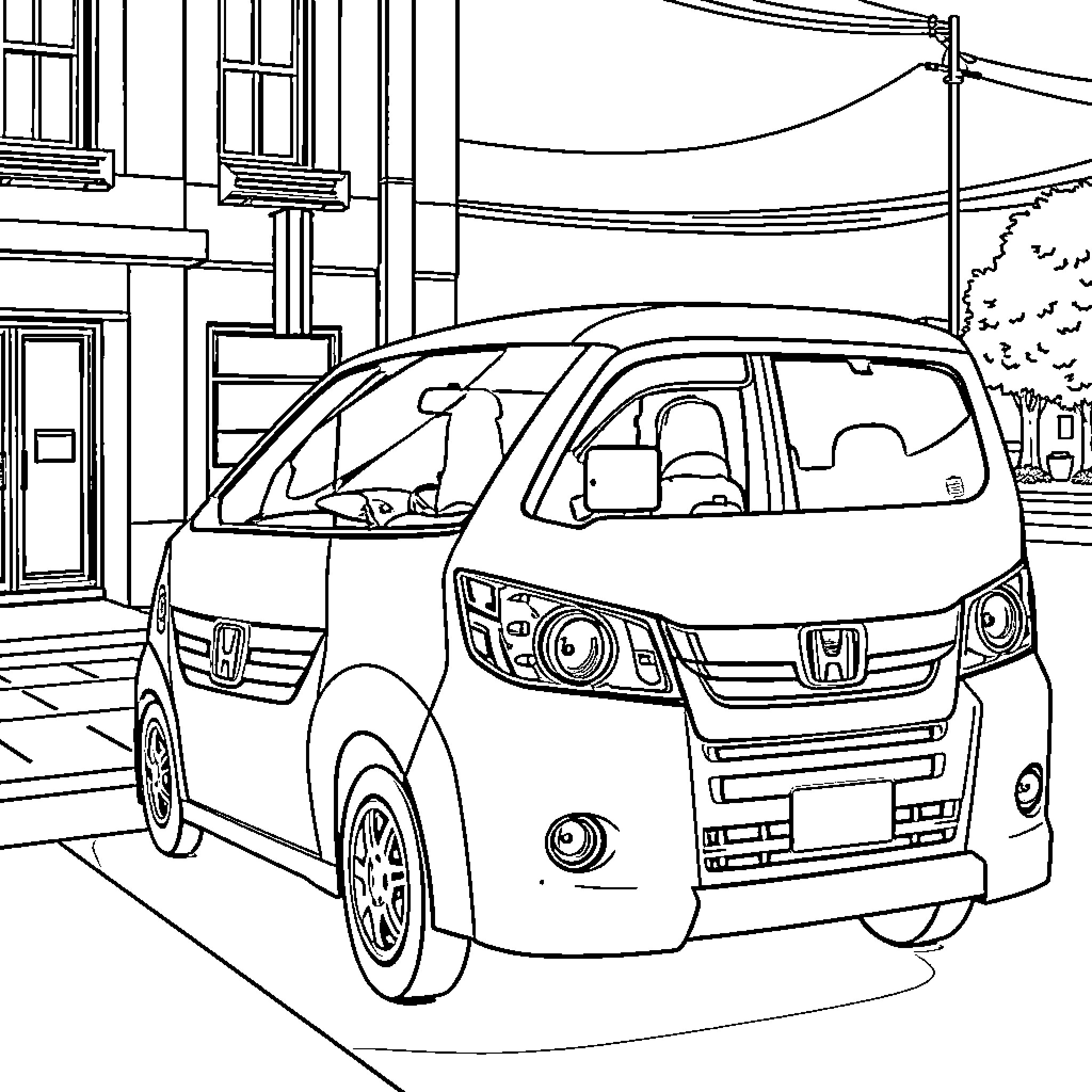 Honda Acty parked on urban street Coloring Page (free black-and-white line drawing printable PDF for all, from beginners to advanced learners, including children, teens, adults, and seniors)