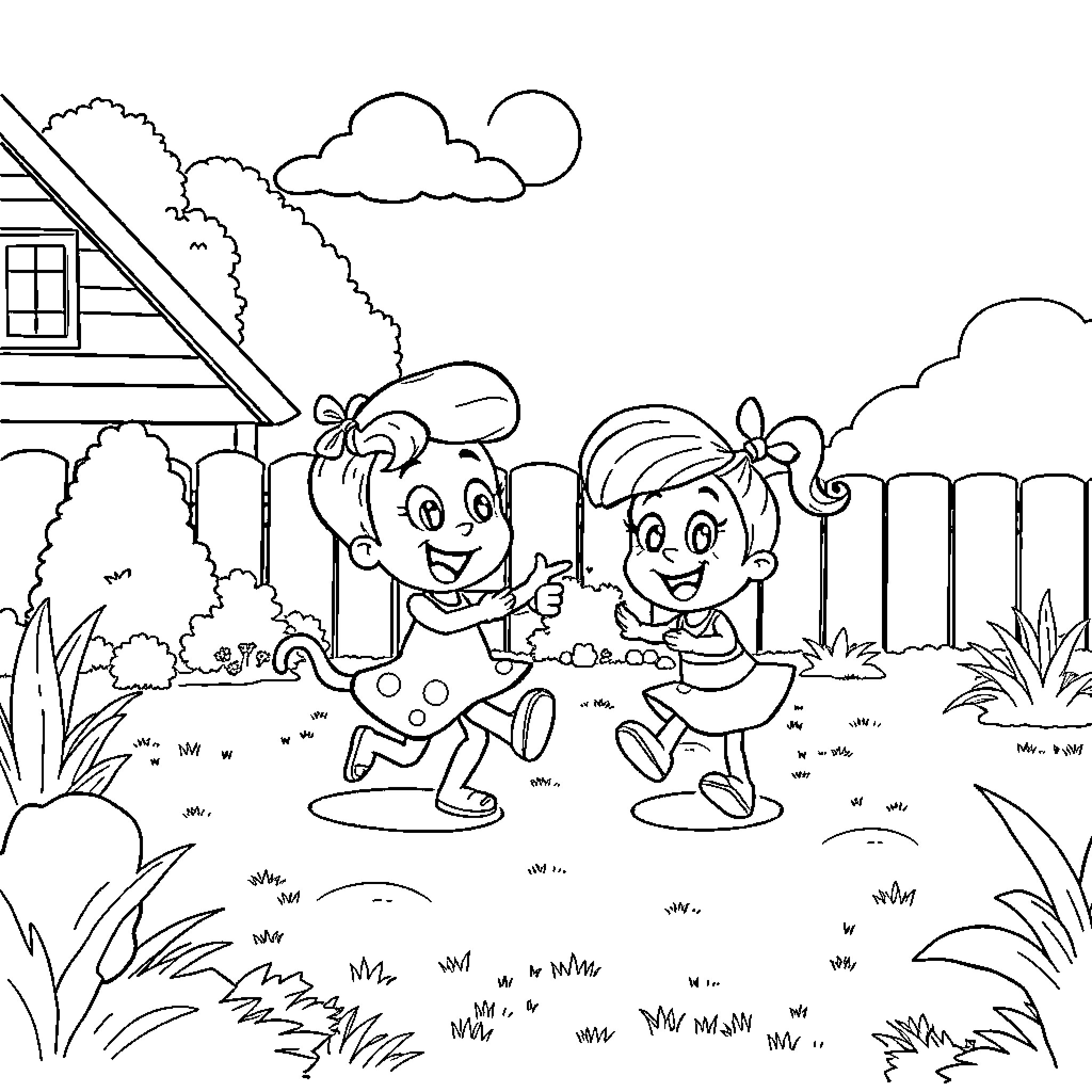 Bluey and Bingo playing in the backyard Coloring Page (free black-and-white line drawing printable PDF for all, from beginners to advanced learners, including children, teens, adults, and seniors)