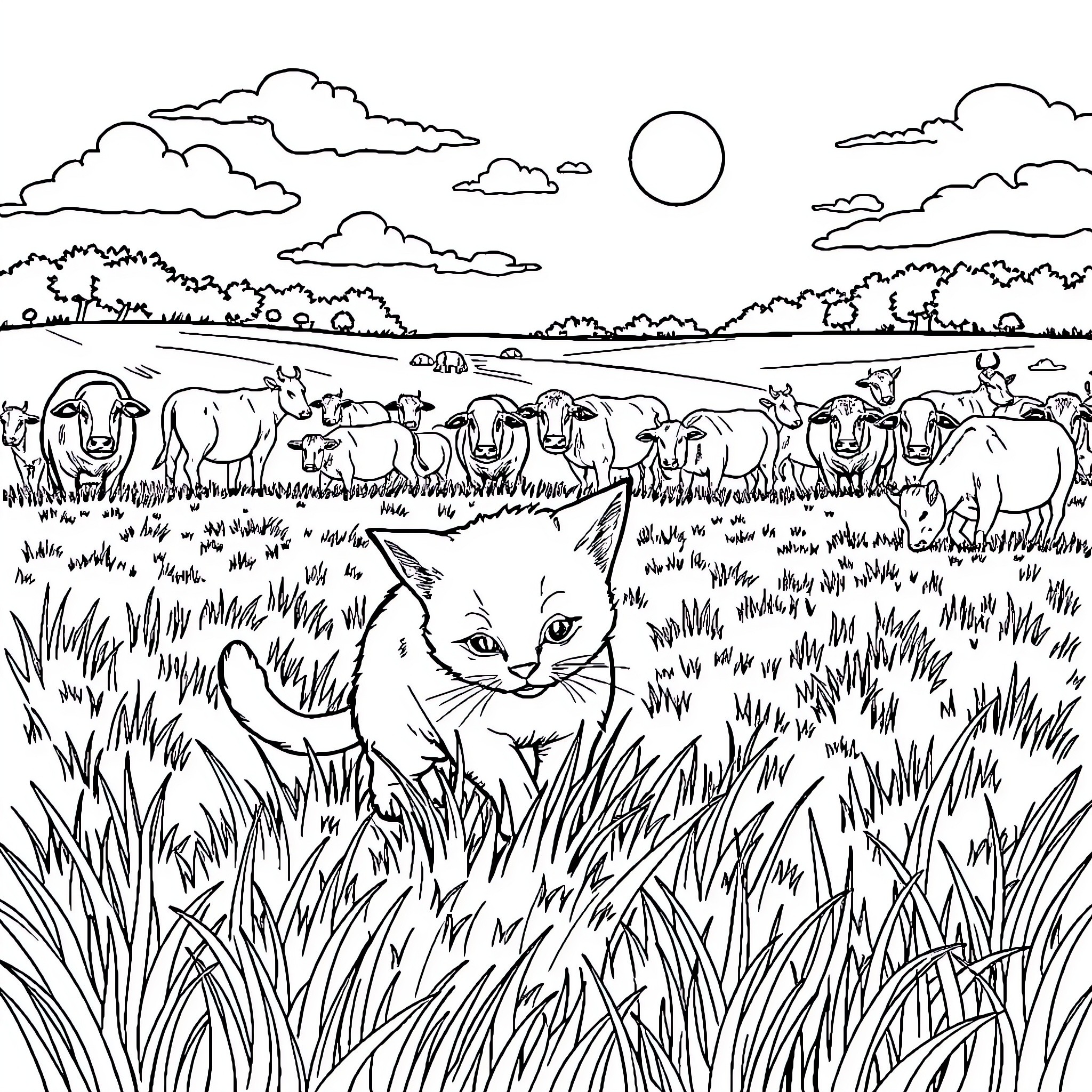 Cat Exploring Countryside Landscape with Herd of Cows Coloring Page (free black-and-white line drawing printable PDF for all, from beginners to advanced learners, including children, teens, adults, and seniors)