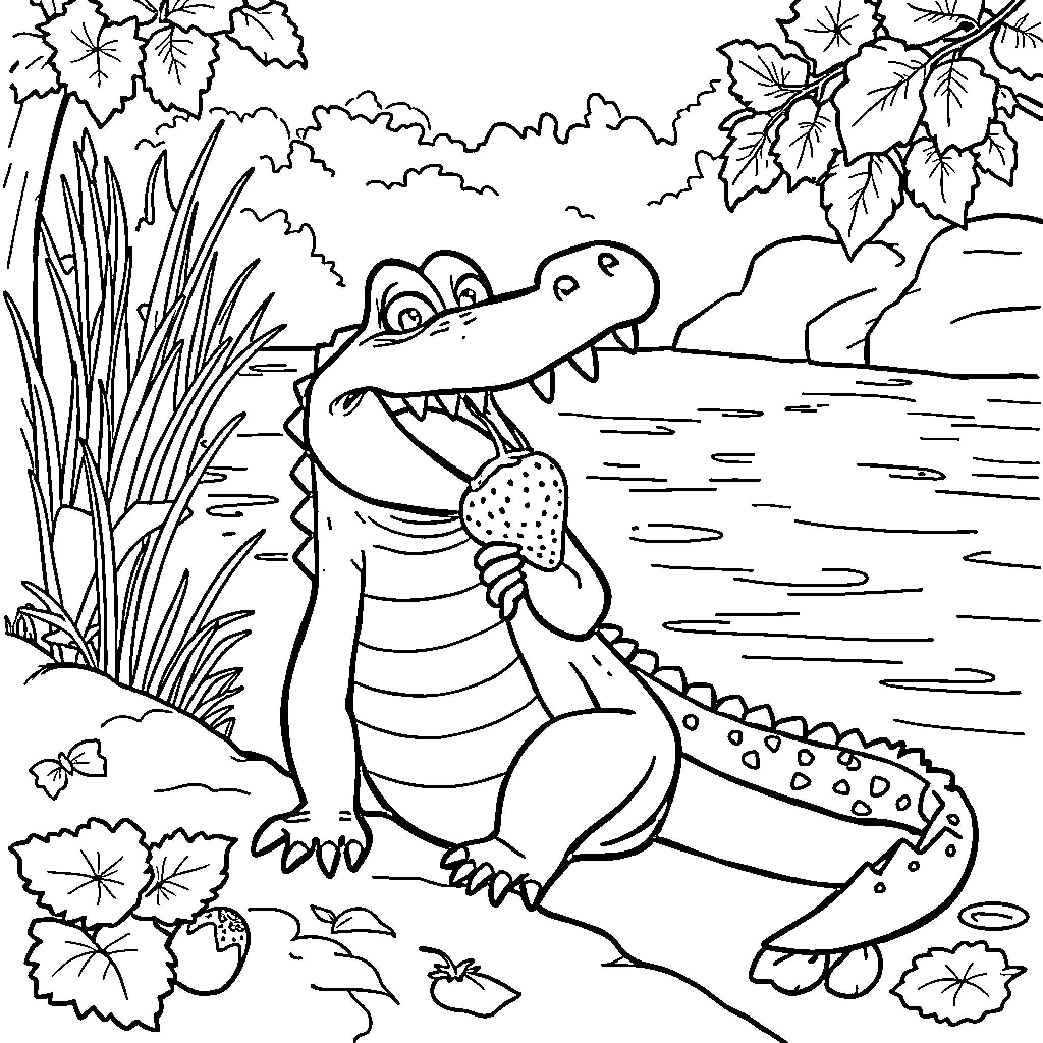 Crocodile relaxing by the water Coloring Page (free black-and-white line drawing printable PDF for all, from beginners to advanced learners, including children, teens, adults, and seniors)