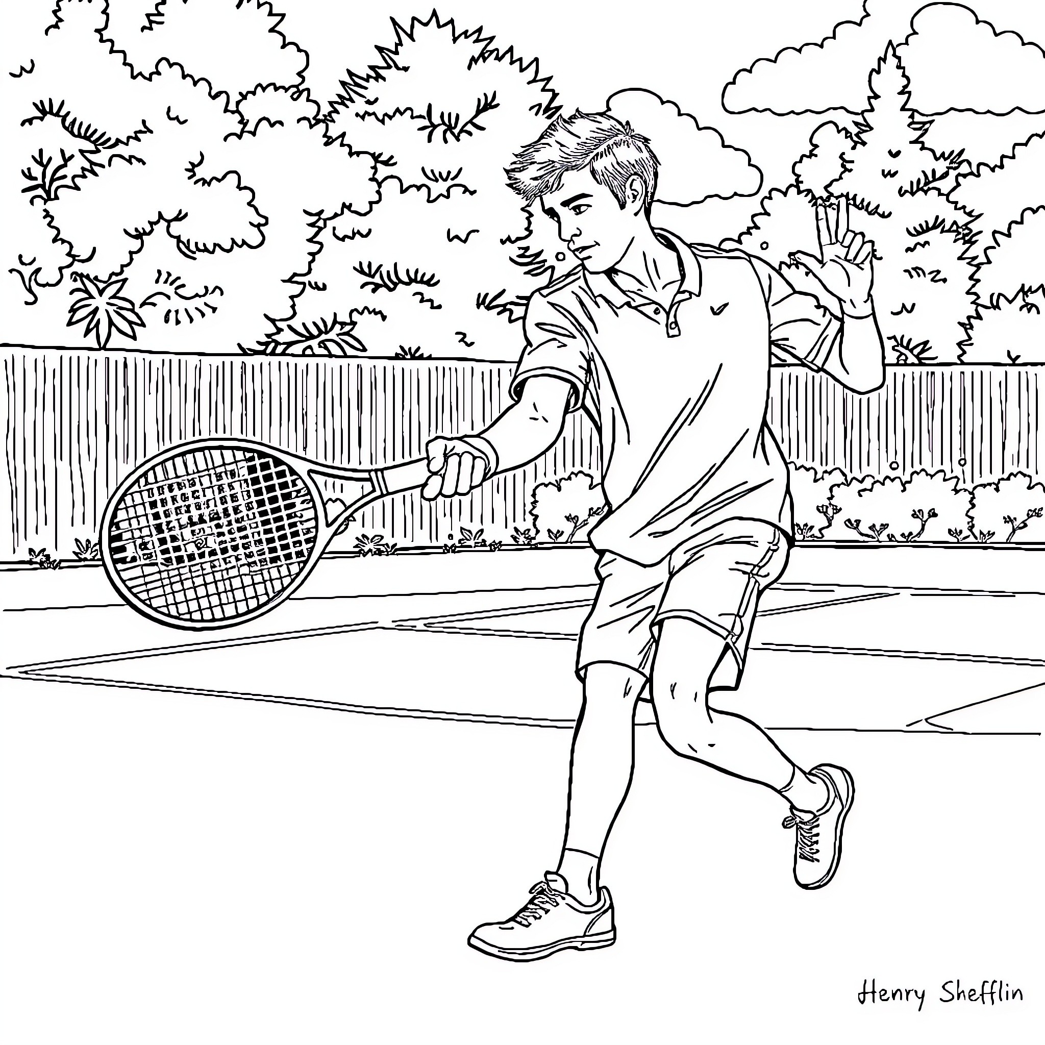Henry Shefflin playing tennis on a court Coloring Page (free black-and-white line drawing printable PDF for all, from beginners to advanced learners, including children, teens, adults, and seniors)