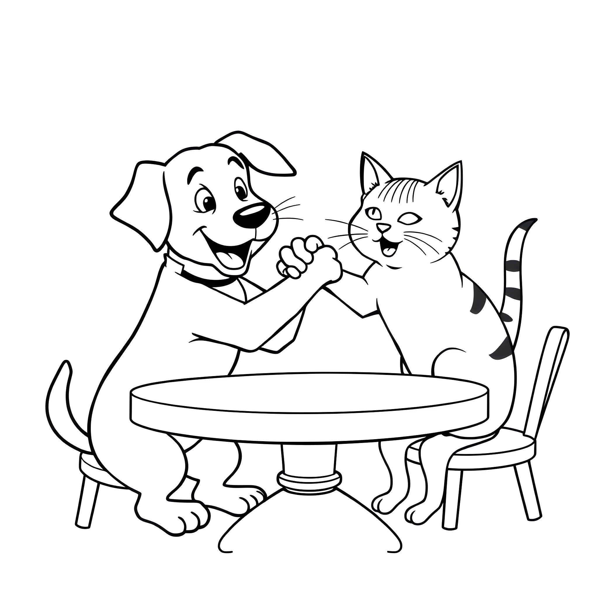 Dog and cat playing together happily Coloring Page (free black-and-white line drawing printable PDF for all, from beginners to advanced learners, including children, teens, adults, and seniors)