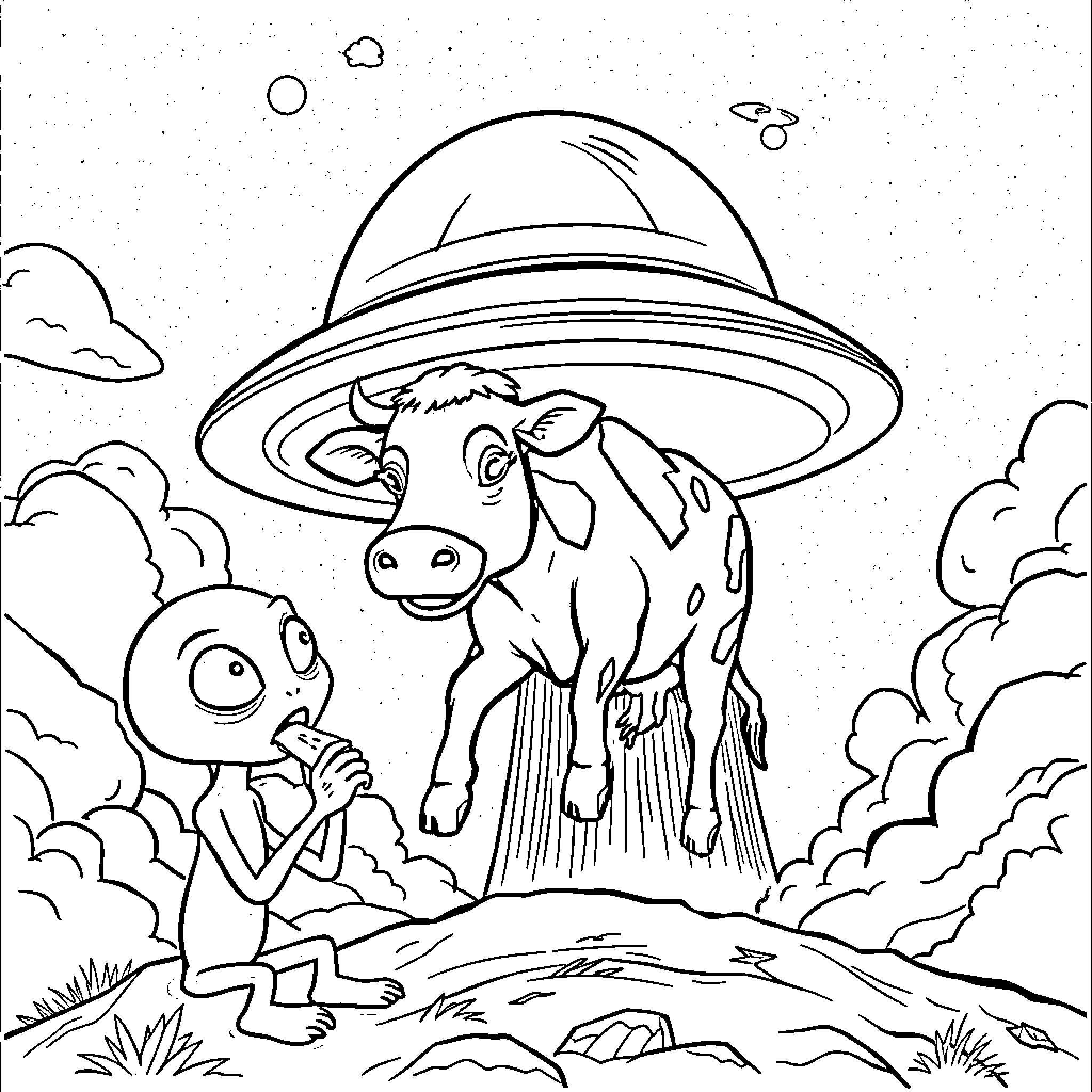 Cow abducted by flying saucer in the countryside Coloring Page (free black-and-white line drawing printable PDF for all, from beginners to advanced learners, including children, teens, adults, and seniors)