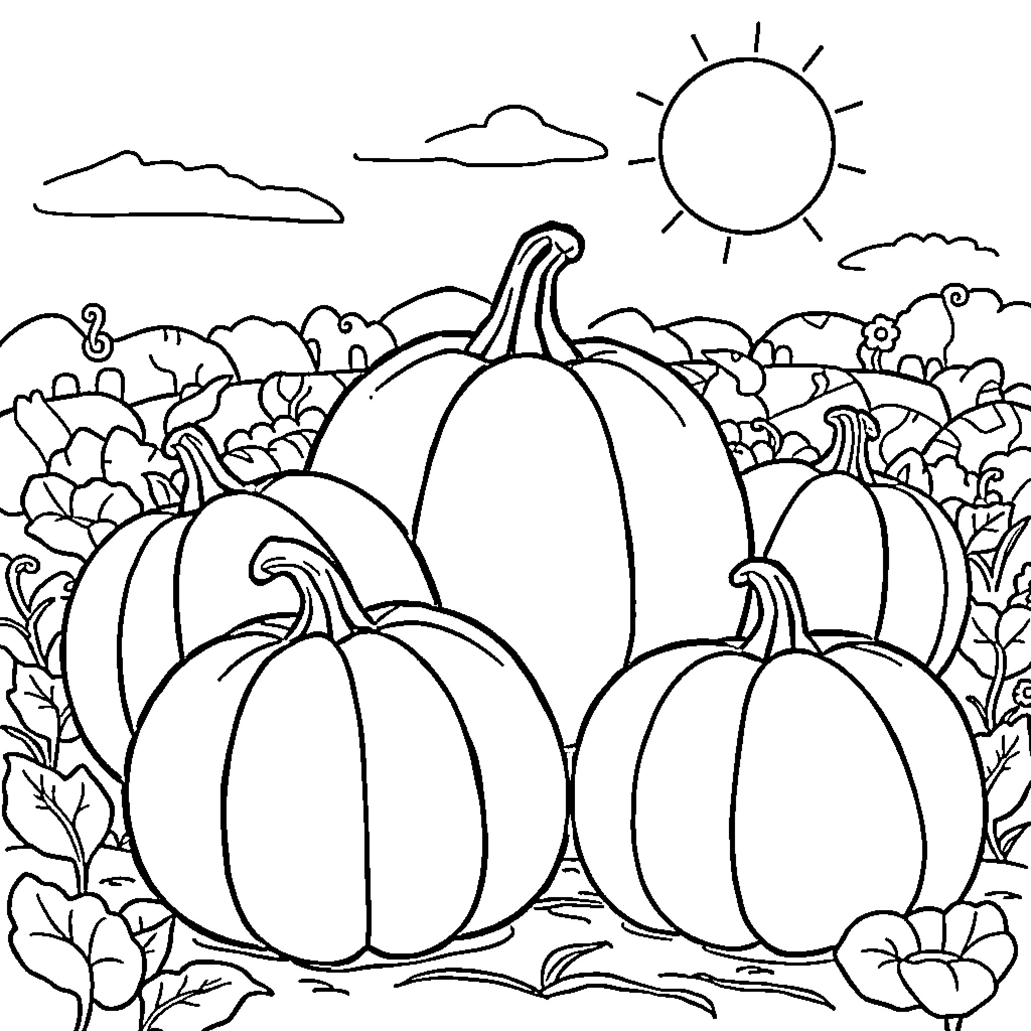 Pumpkins in an autumnal garden scene Coloring Page (free black-and-white line drawing printable PDF for all, from beginners to advanced learners, including children, teens, adults, and seniors)