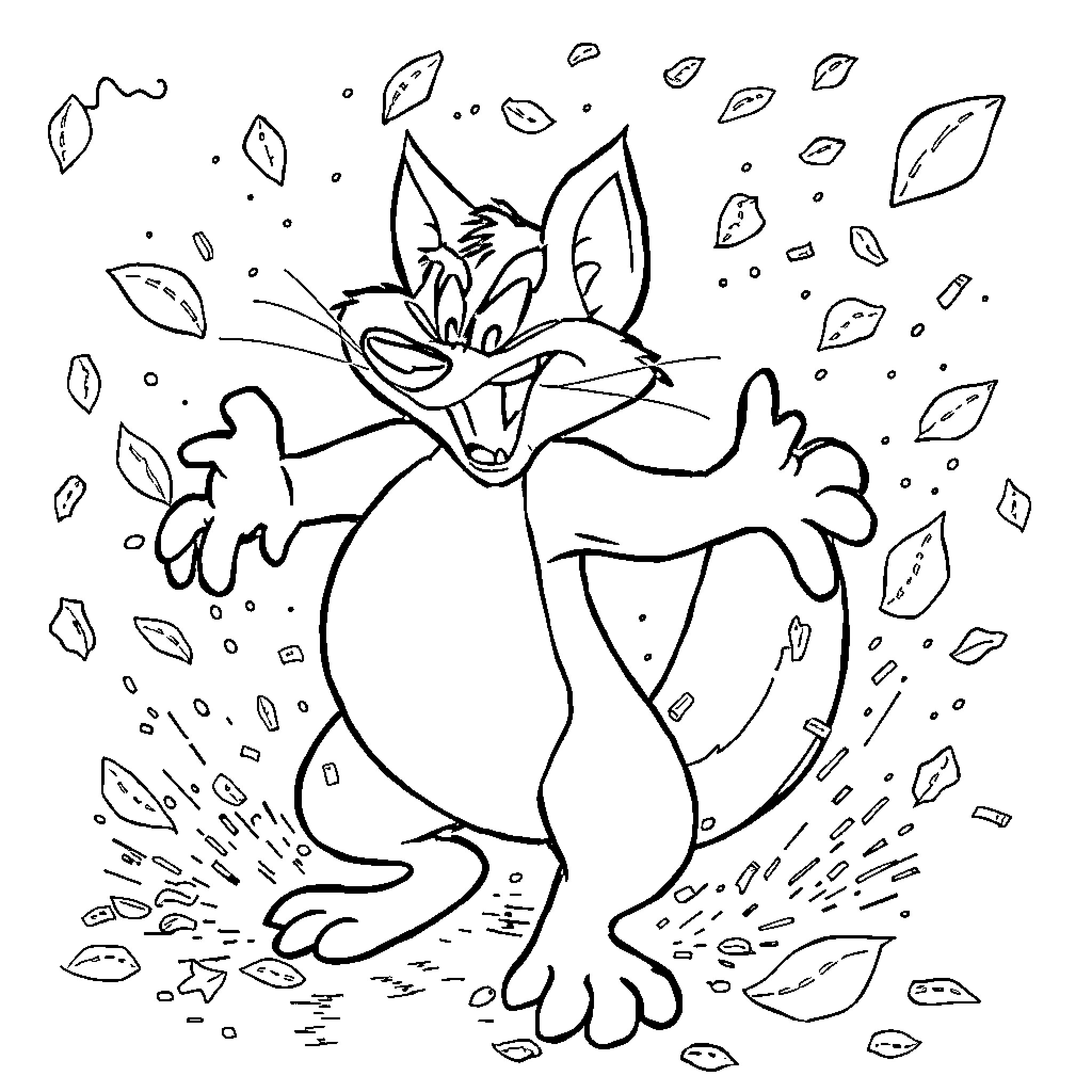 Taz enjoying a playful moment with leaves Coloring Page (free black-and-white line drawing printable PDF for all, from beginners to advanced learners, including children, teens, adults, and seniors)