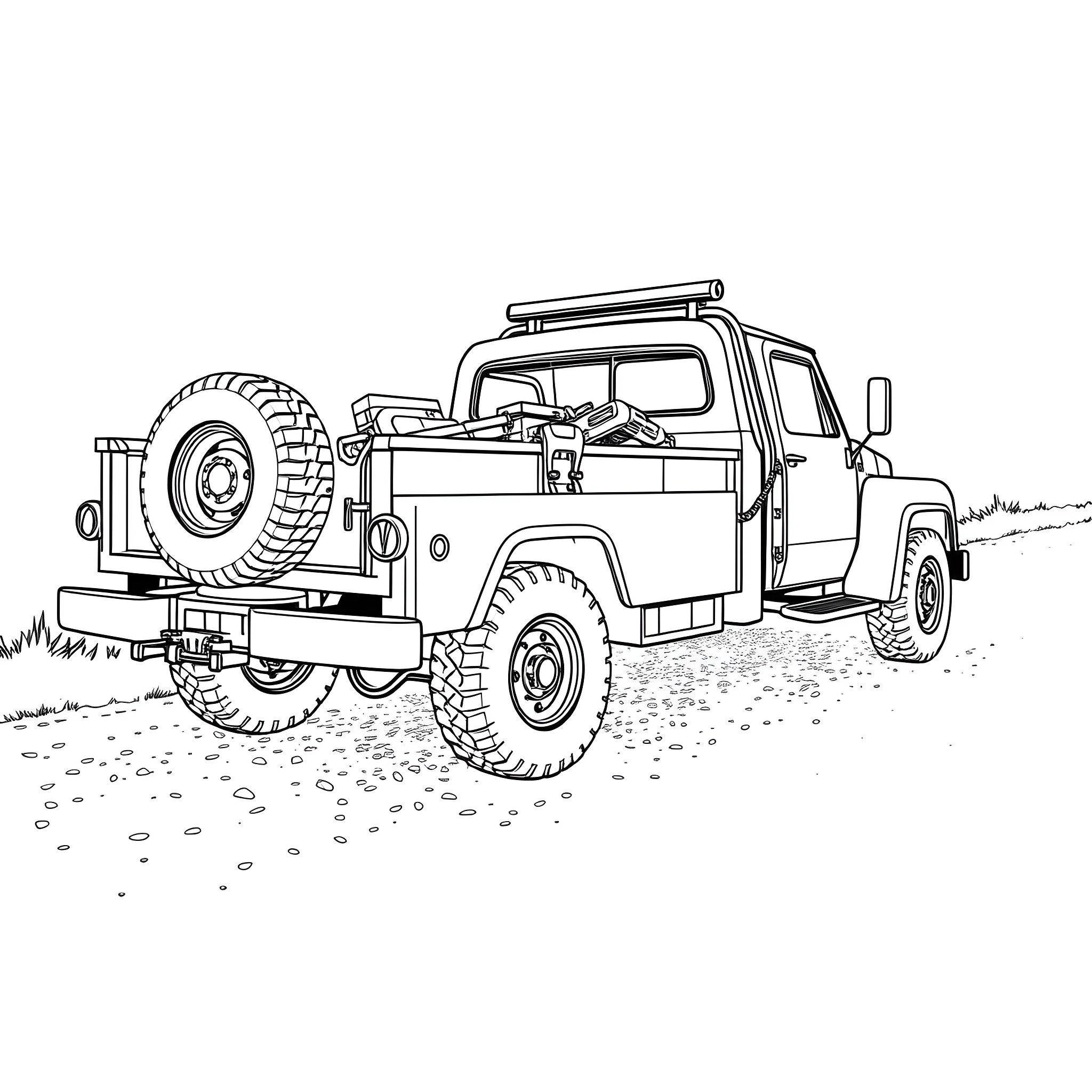 Wrecker Truck Towing Damaged Vehicle on Off-Road Terrain Coloring Page (free black-and-white line drawing printable PDF for all, from beginners to advanced learners, including children, teens, adults, and seniors)