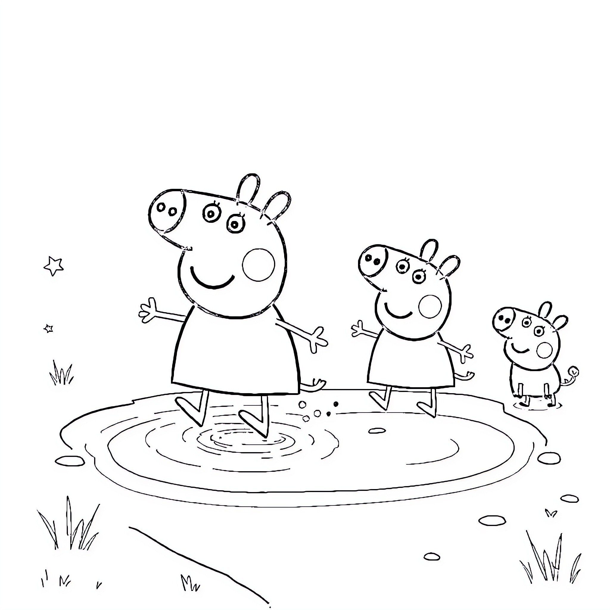 Peppa Pig and family playing in puddle Coloring Page (free black-and-white line drawing printable PDF for all, from beginners to advanced learners, including children, teens, adults, and seniors)