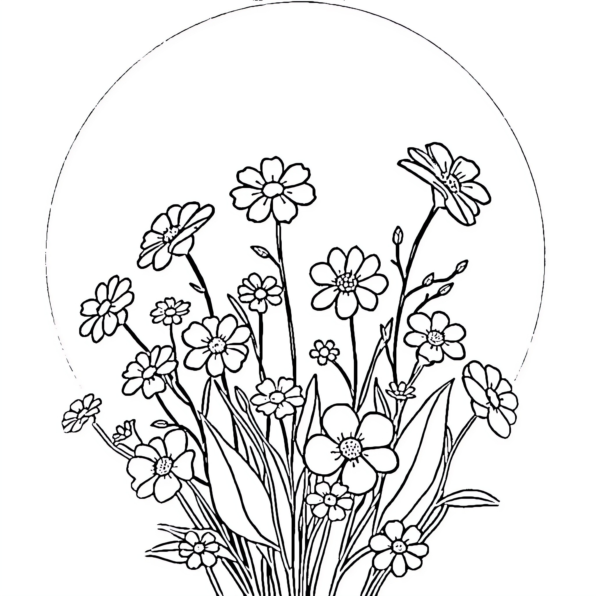 Flower field with blooming flowers Coloring Page (free black-and-white line drawing printable PDF for all, from beginners to advanced learners, including children, teens, adults, and seniors)