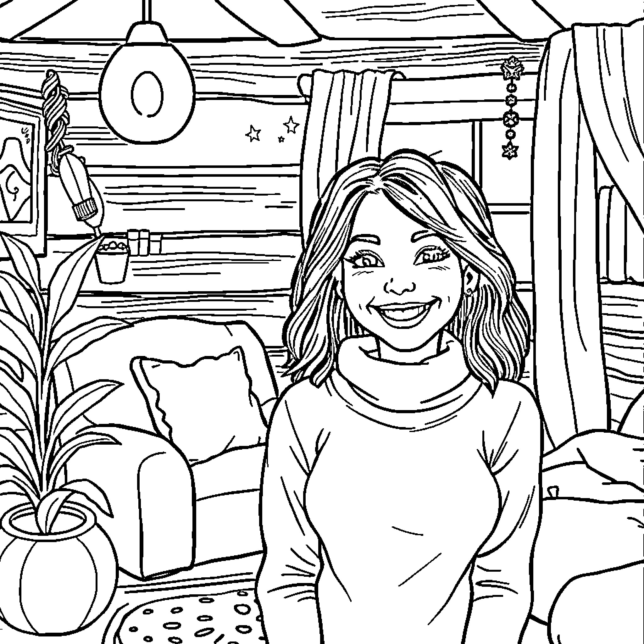 Gia Paige relaxing in a cozy living room Coloring Page (free black-and-white line drawing printable PDF for all, from beginners to advanced learners, including children, teens, adults, and seniors)