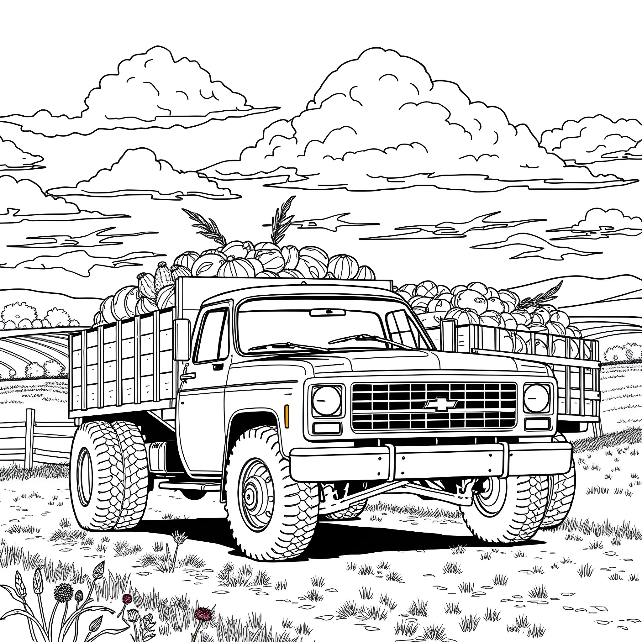 Chevy Truck Transporting Bountiful Harvest Coloring Page (free black-and-white line drawing printable PDF for all, from beginners to advanced learners, including children, teens, adults, and seniors)