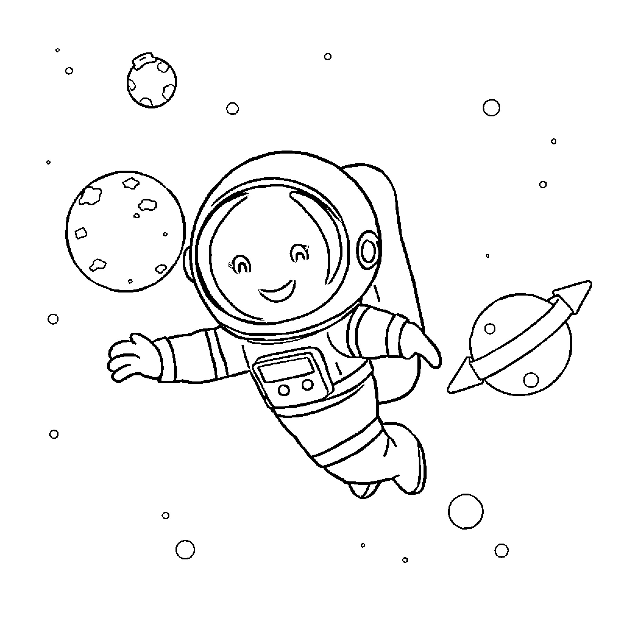 Astronaut exploring the wonders of space Coloring Page (free black-and-white line drawing printable PDF for all, from beginners to advanced learners, including children, teens, adults, and seniors)