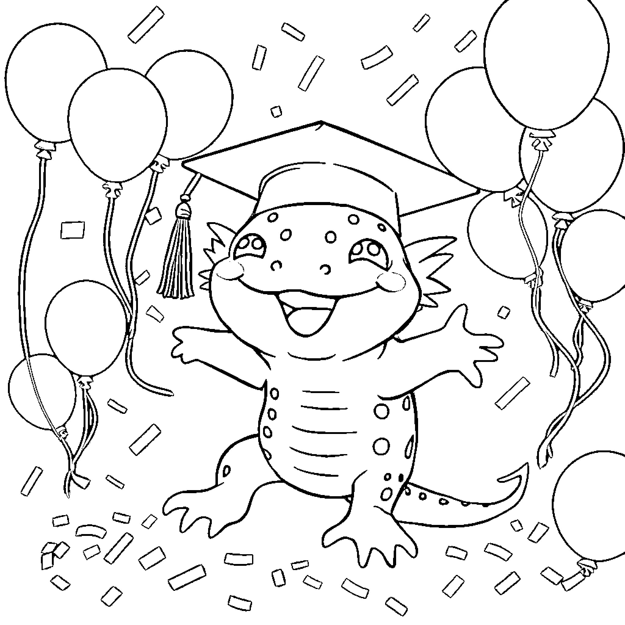 Axolotl celebrating graduation with balloons Coloring Page (free black-and-white line drawing printable PDF for all, from beginners to advanced learners, including children, teens, adults, and seniors)
