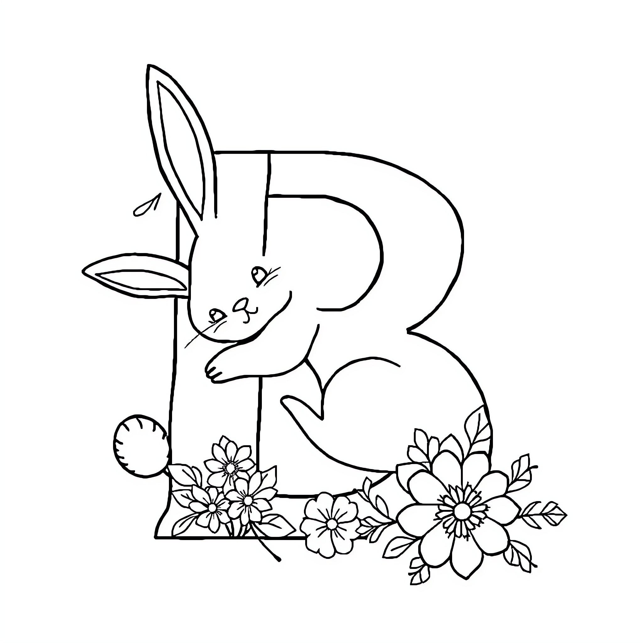 Bunny surrounded by flowers and leaves Coloring Page (free black-and-white line drawing printable PDF for all, from beginners to advanced learners, including children, teens, adults, and seniors)