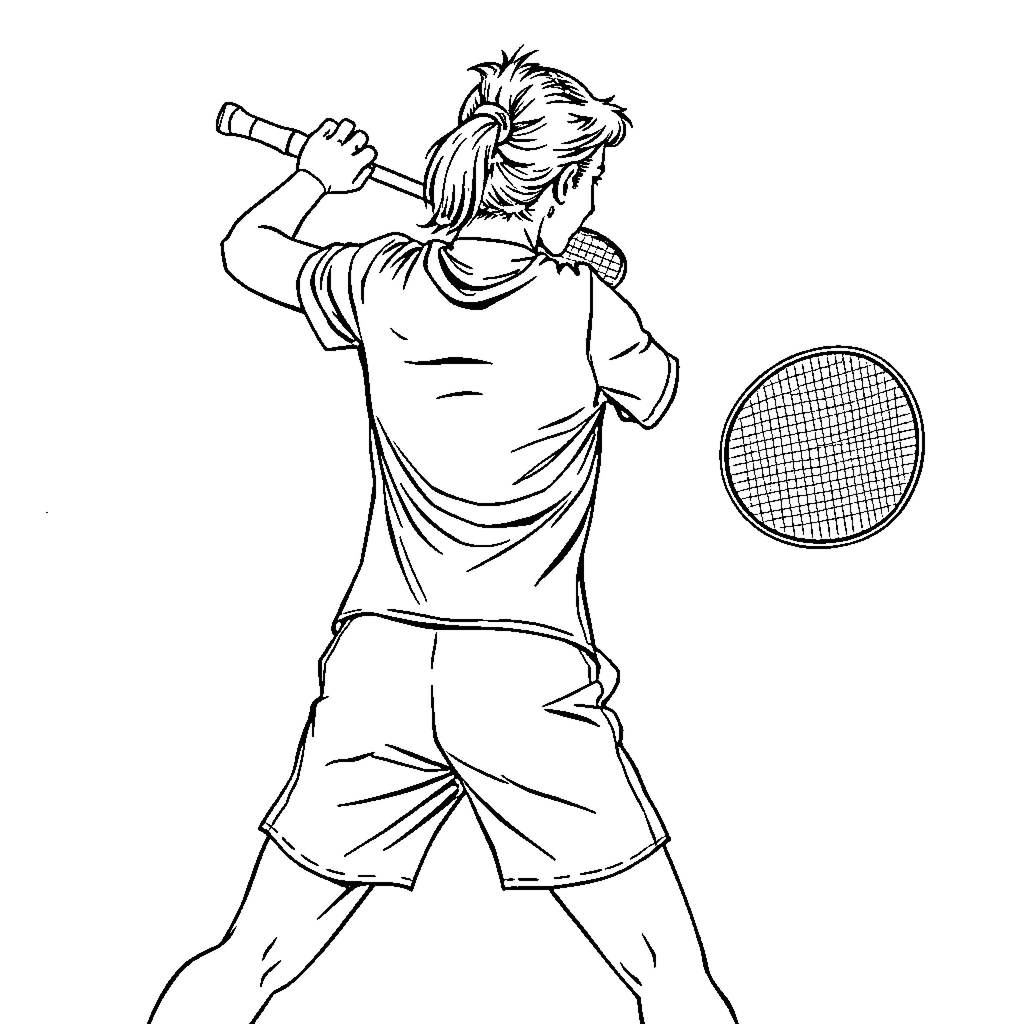 Tennis player in intense swing motion Coloring Page (free black-and-white line drawing printable PDF for all, from beginners to advanced learners, including children, teens, adults, and seniors)