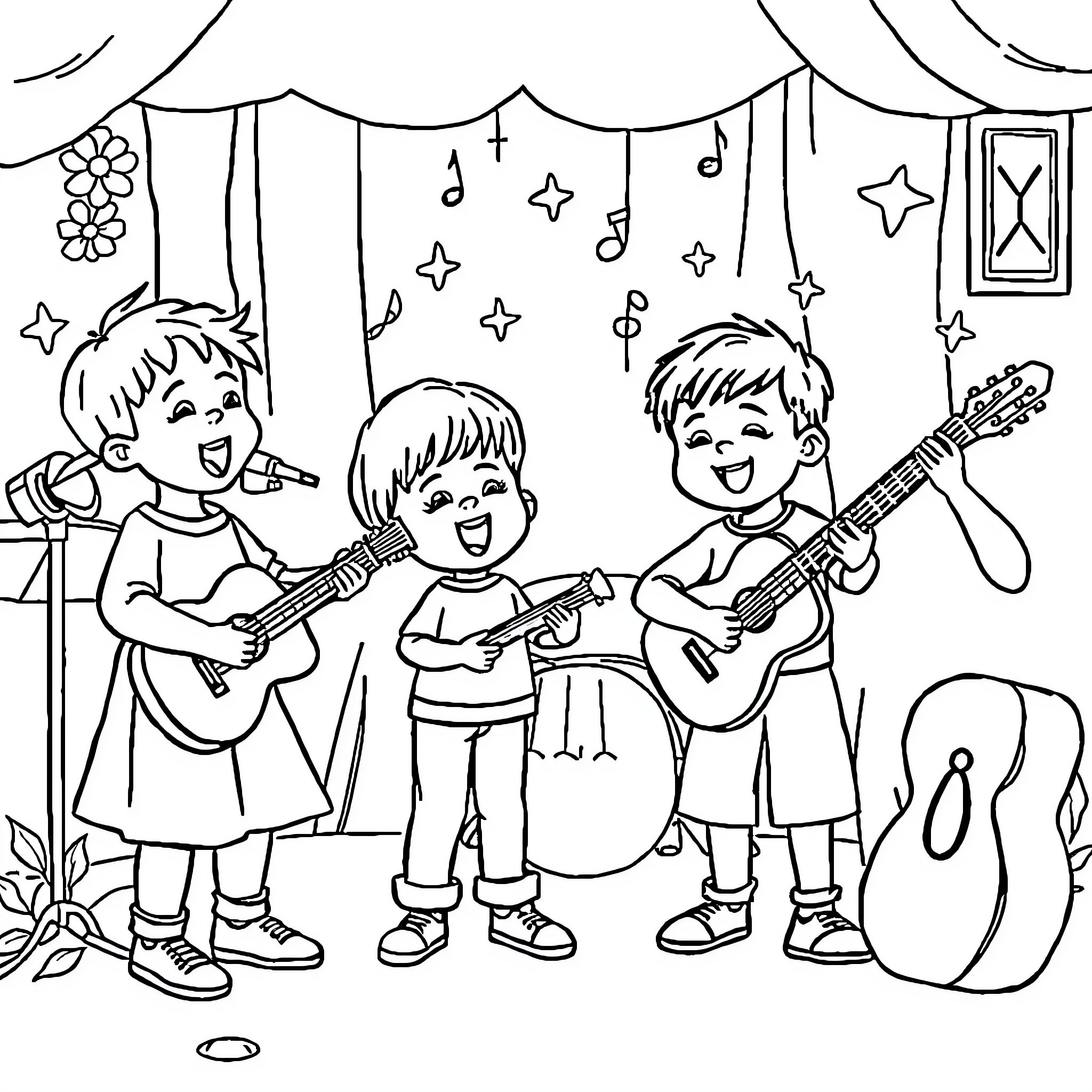 Music performance by young artists on stage Coloring Page (free black-and-white line drawing printable PDF for all, from beginners to advanced learners, including children, teens, adults, and seniors)