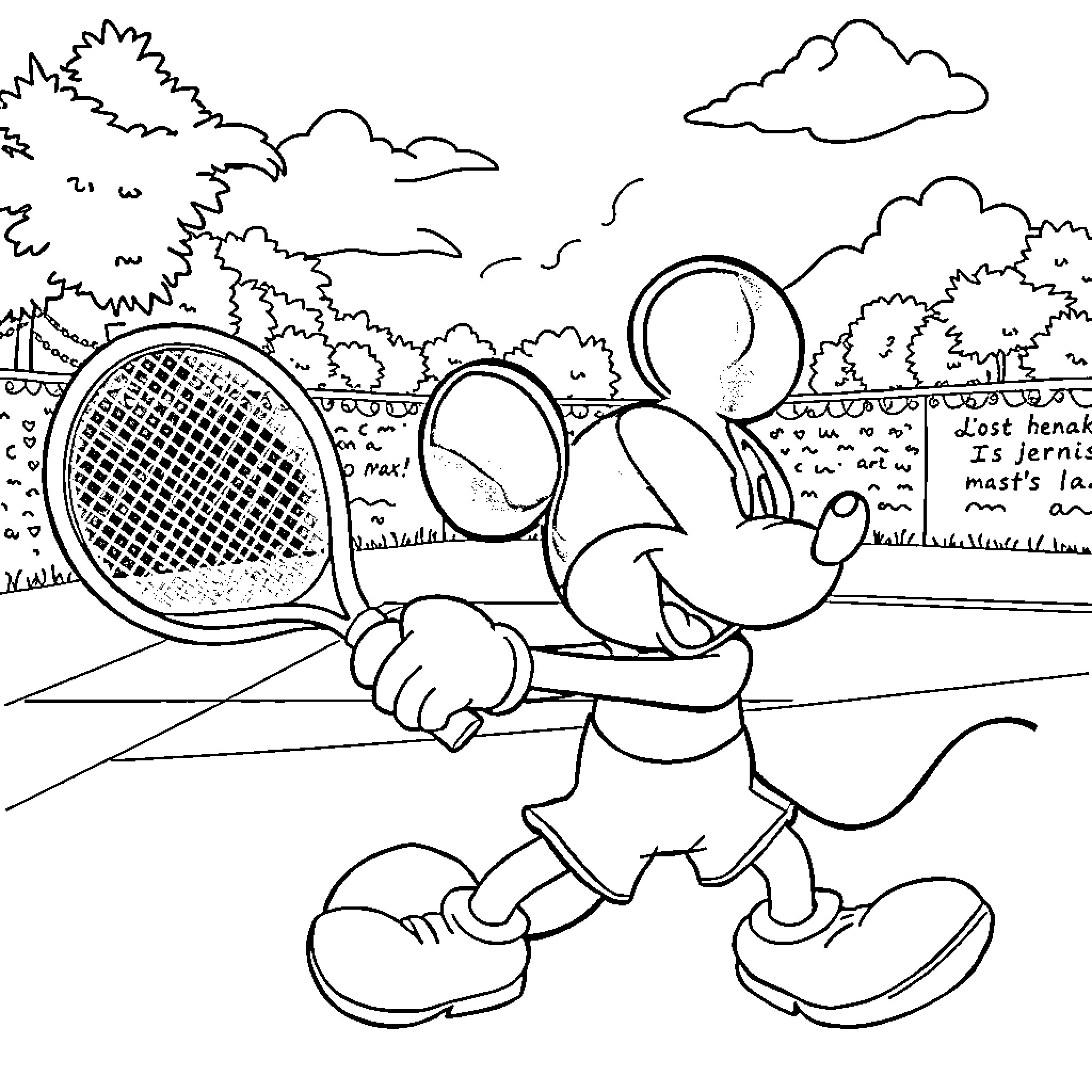 Mickey Mouse playing tennis on the court Coloring Page (free black-and-white line drawing printable PDF for all, from beginners to advanced learners, including children, teens, adults, and seniors)