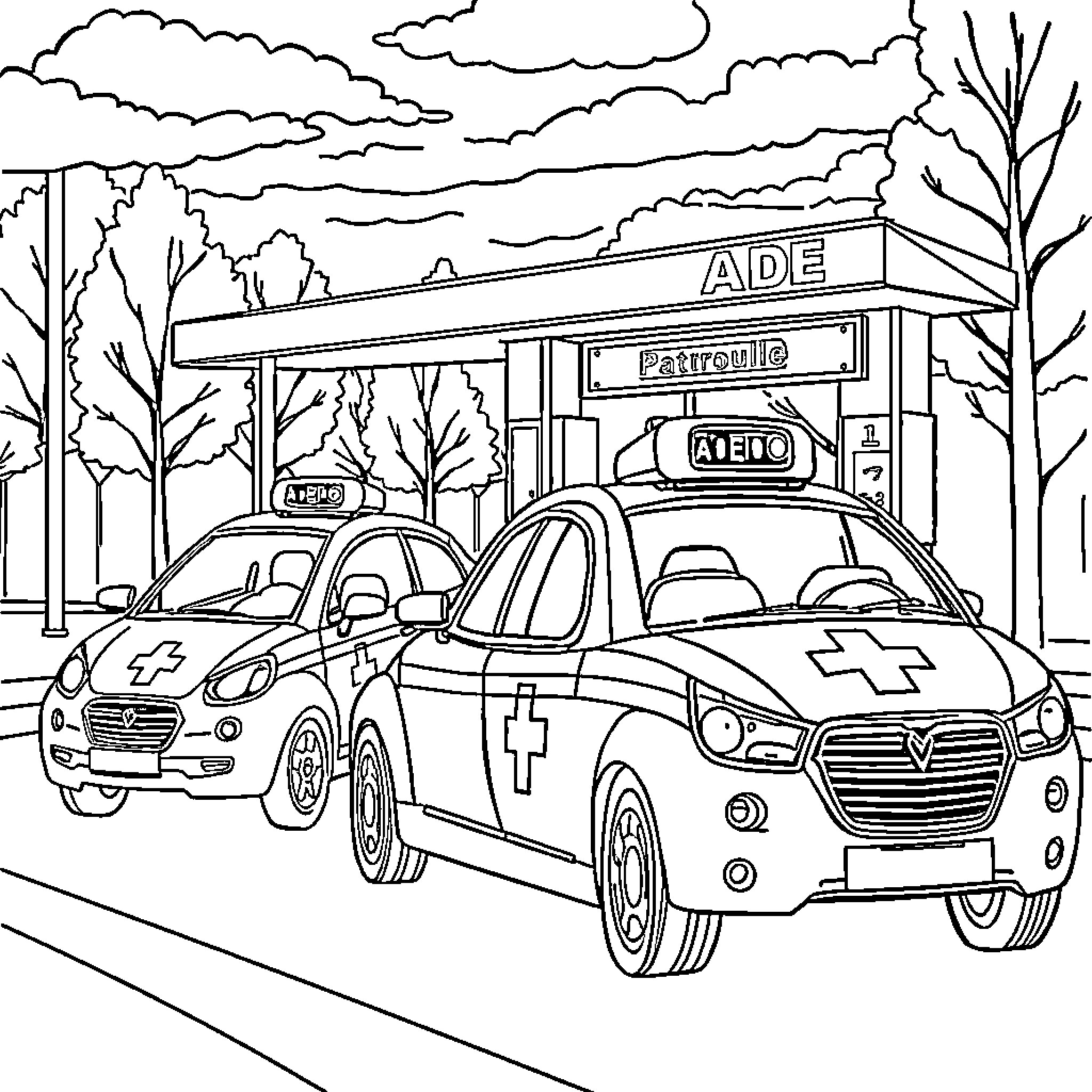 Paw Patrol Car driving past a service station Coloring Page (free black-and-white line drawing printable PDF for all, from beginners to advanced learners, including children, teens, adults, and seniors)