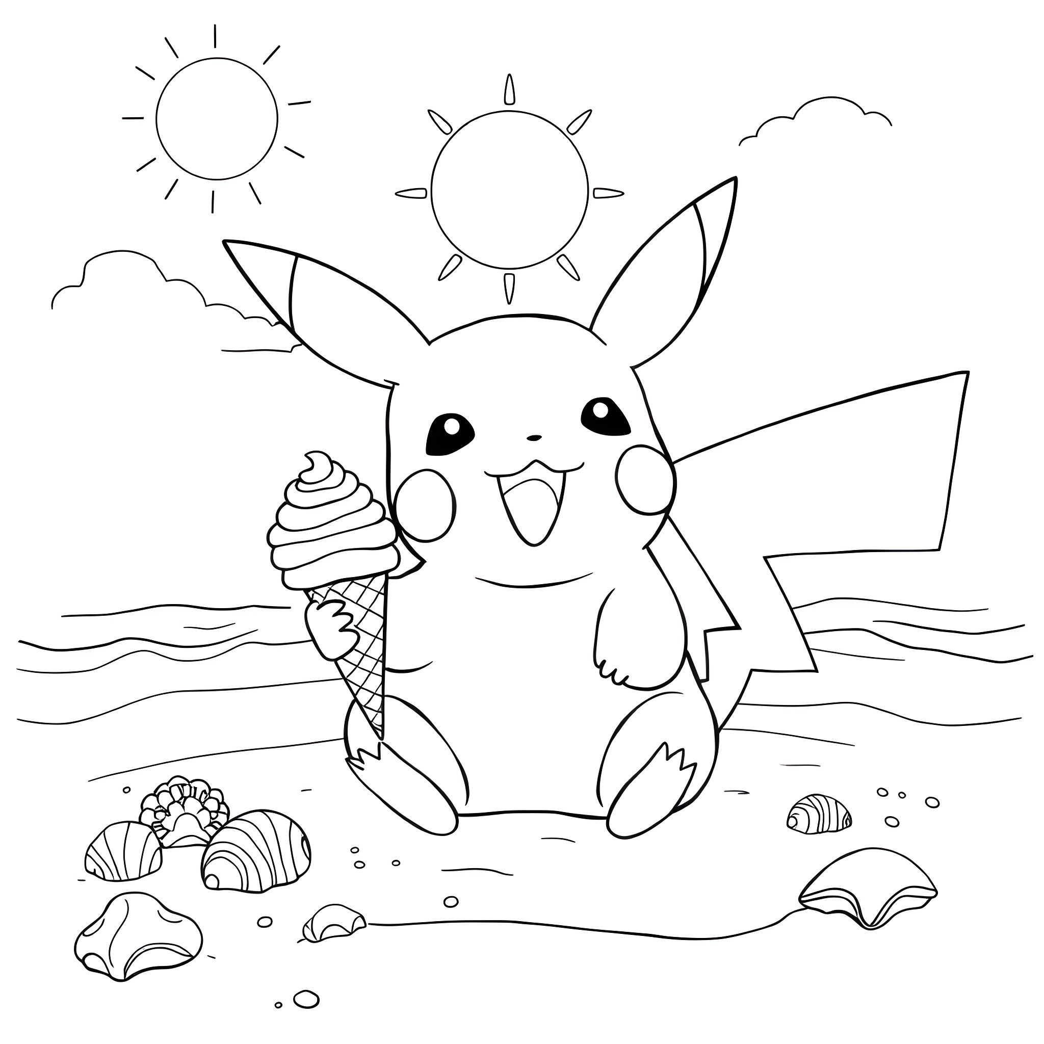 Pikachu enjoying a day at the beach Coloring Page (free black-and-white line drawing printable PDF for all, from beginners to advanced learners, including children, teens, adults, and seniors)