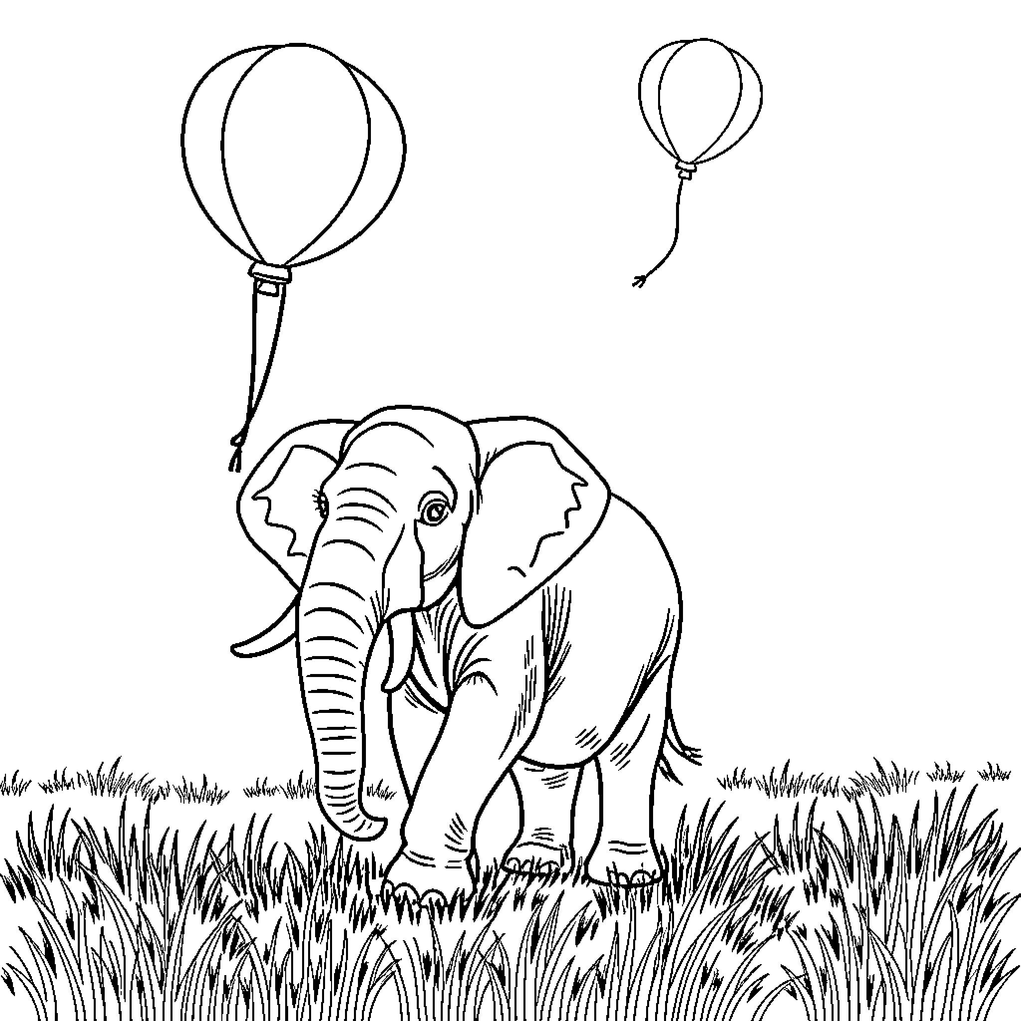 Elephant in the Grass with Balloons Coloring Page (free black-and-white line drawing printable PDF for all, from beginners to advanced learners, including children, teens, adults, and seniors)