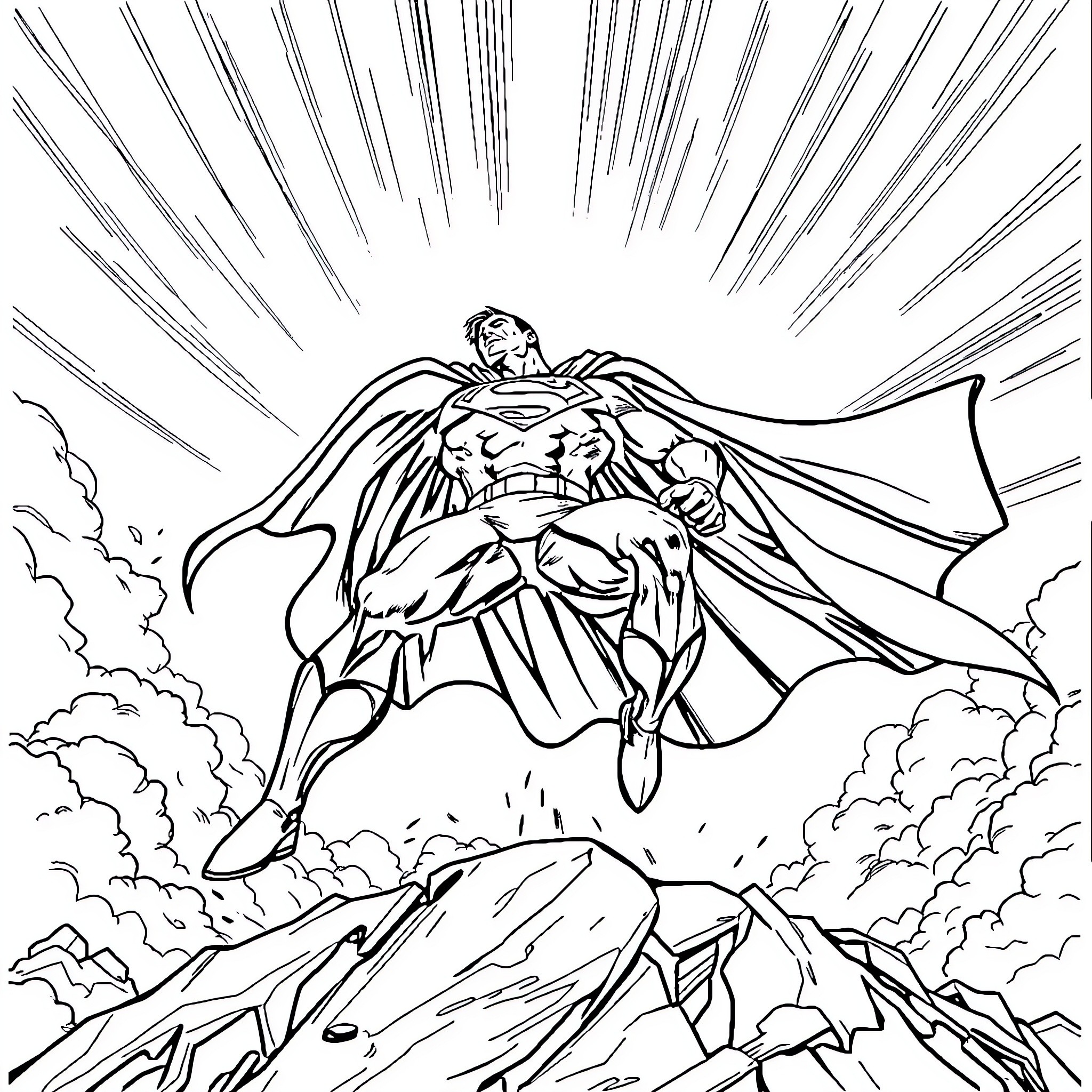 Superman soaring powerfully through the sky Coloring Page (free black-and-white line drawing printable PDF for all, from beginners to advanced learners, including children, teens, adults, and seniors)