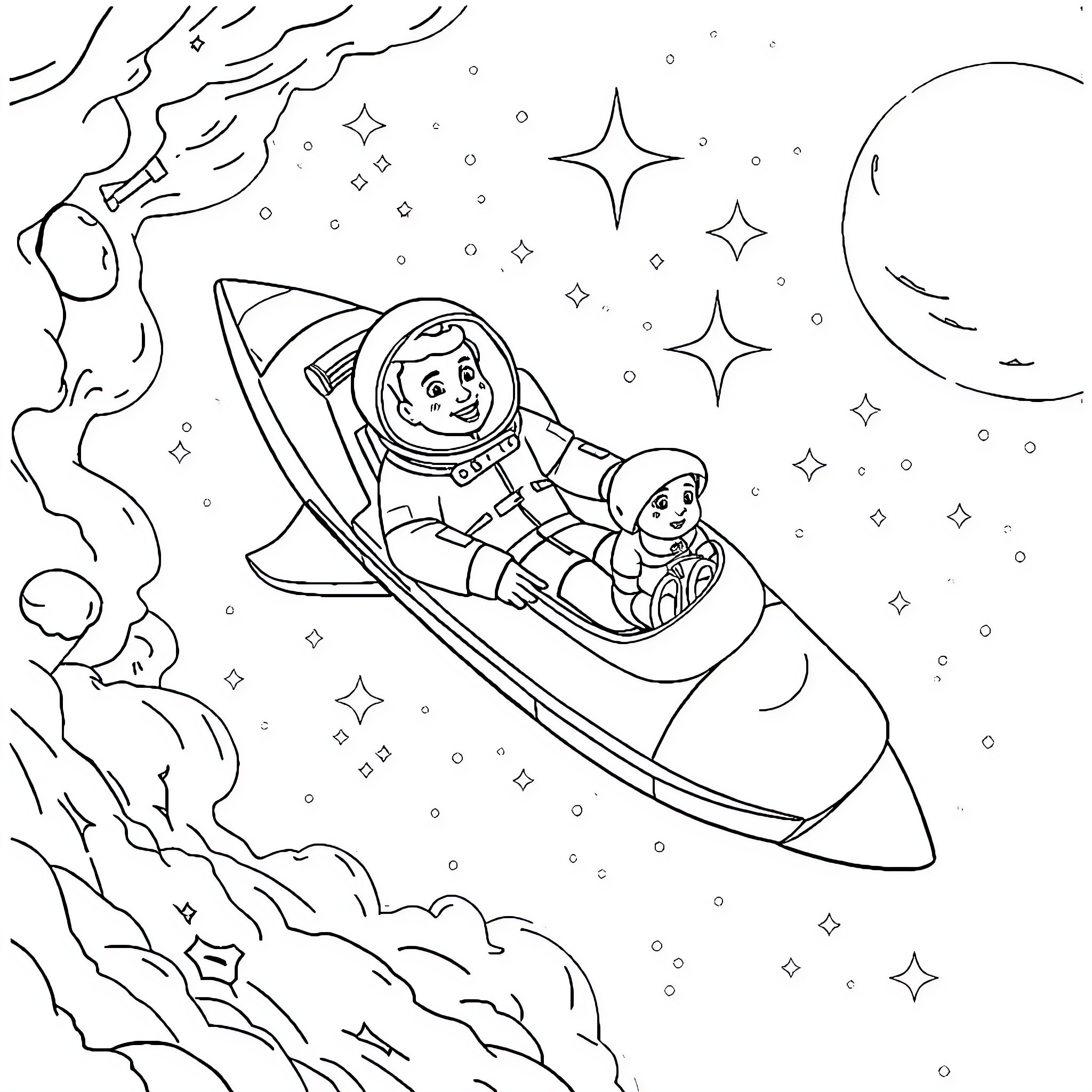 Papa and Child's Cosmic Adventure Coloring Page (free black-and-white line drawing printable PDF for all, from beginners to advanced learners, including children, teens, adults, and seniors)