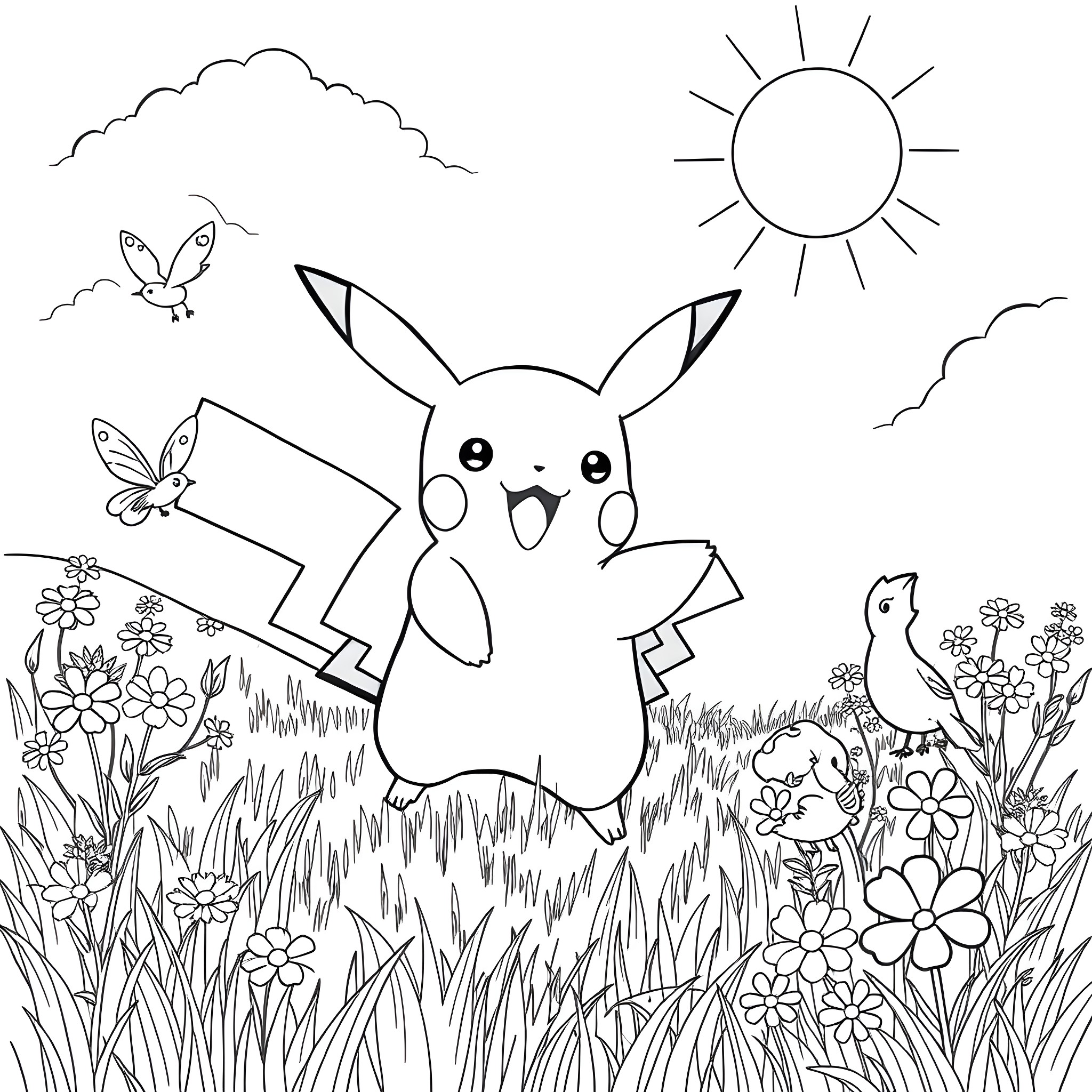 Pokémon Pikachu enjoying a sunny day in nature Coloring Page (free black-and-white line drawing printable PDF for all, from beginners to advanced learners, including children, teens, adults, and seniors)