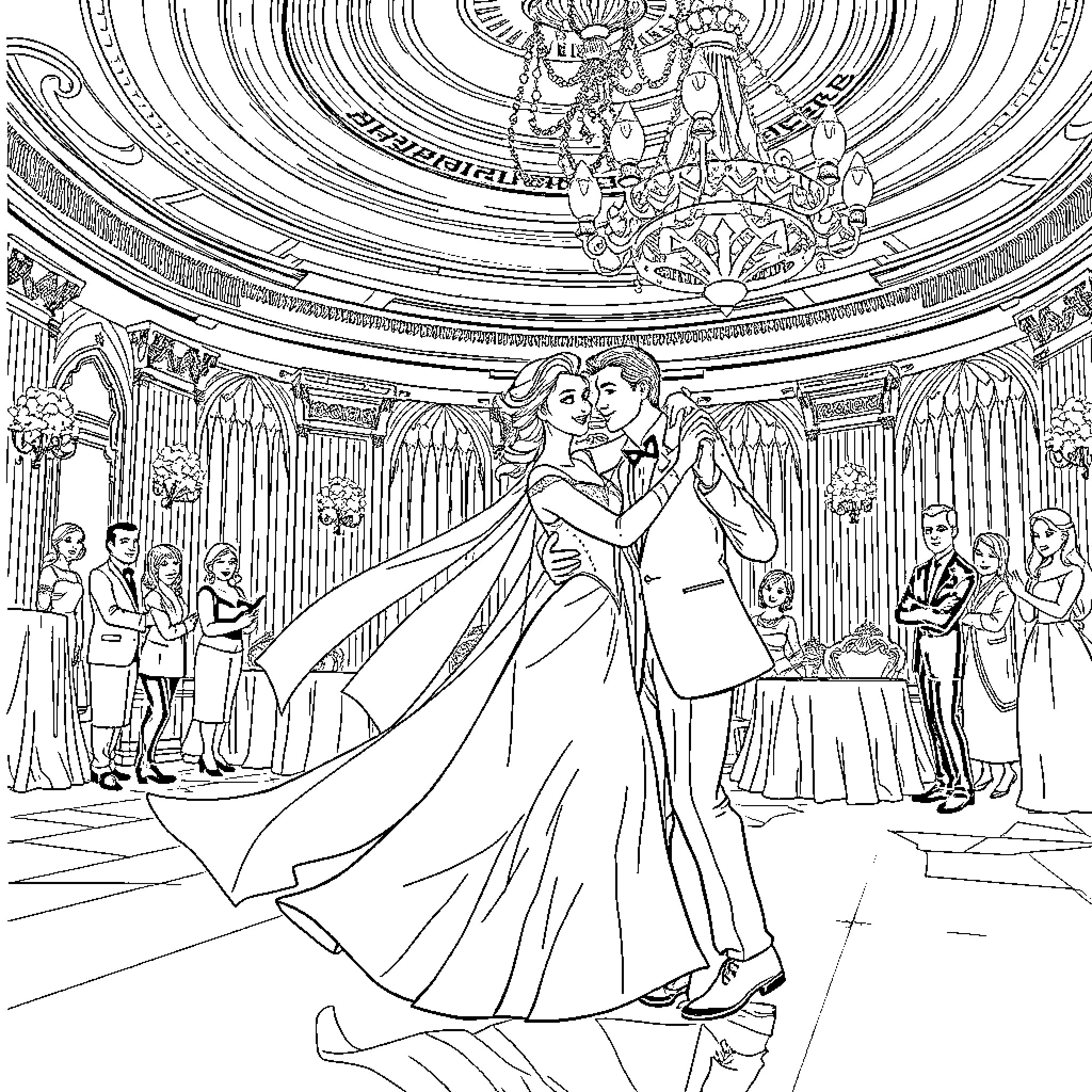 Queen Elsa and Prince Charming's Romantic Dance at the Ball Coloring Page (free black-and-white line drawing printable PDF for all, from beginners to advanced learners, including children, teens, adults, and seniors)
