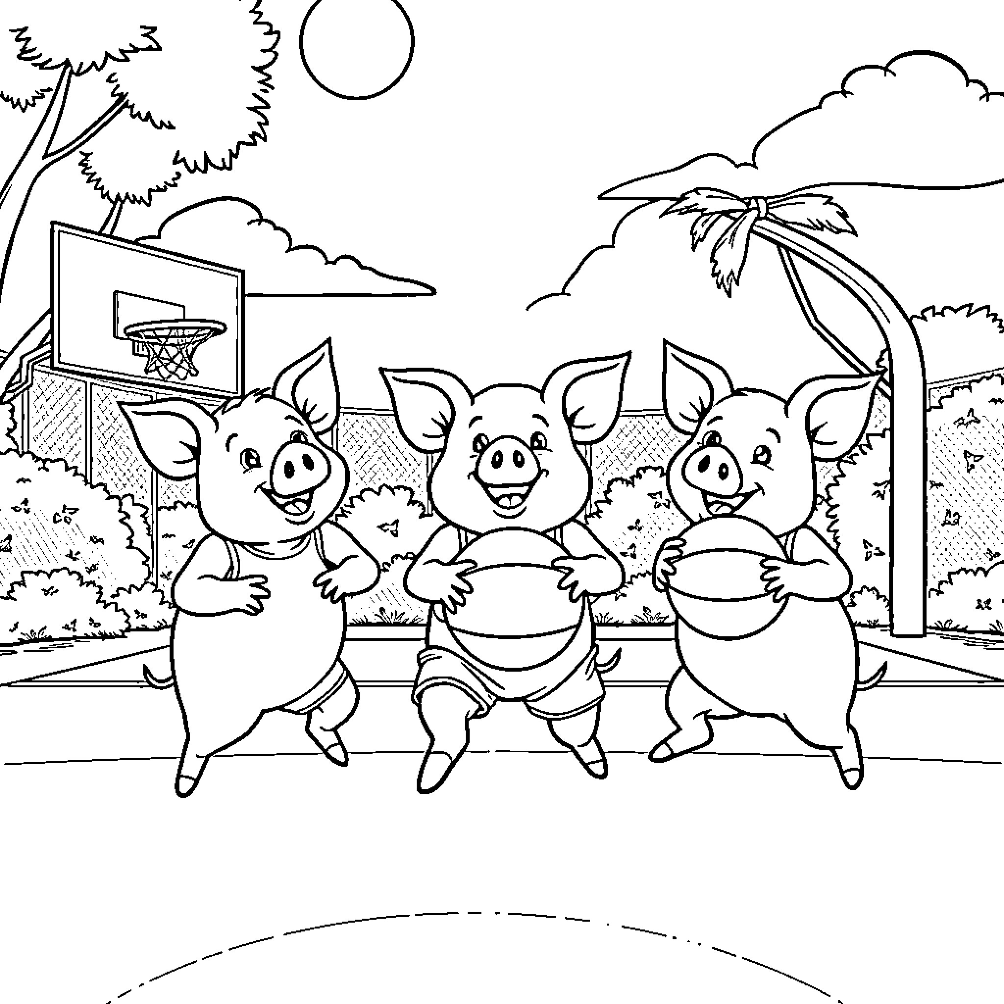 Pigs playing basketball on a sunny day Coloring Page (free black-and-white line drawing printable PDF for all, from beginners to advanced learners, including children, teens, adults, and seniors)