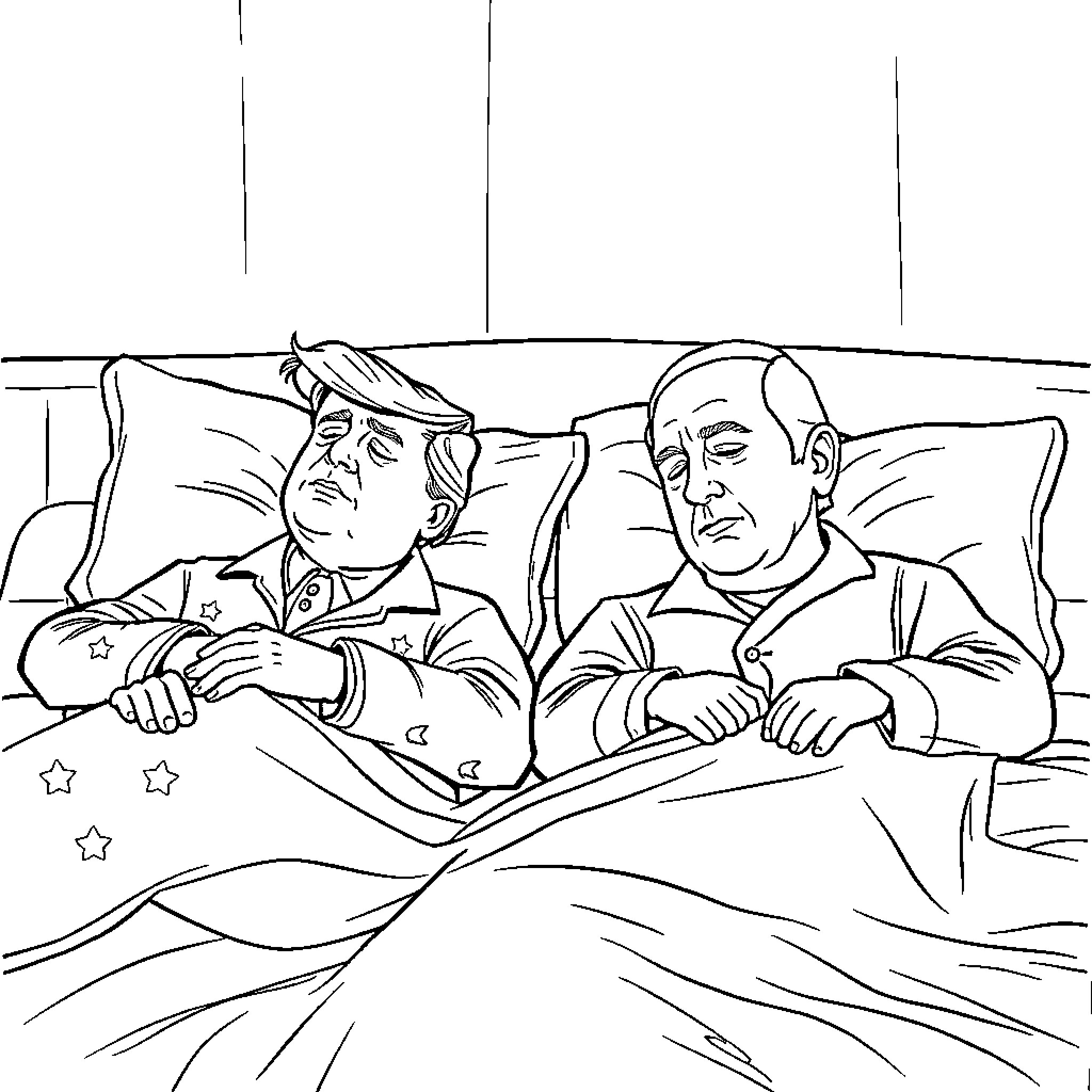 Donald Trump and an older man sleeping in bed Coloring Page (free black-and-white line drawing printable PDF for all, from beginners to advanced learners, including children, teens, adults, and seniors)