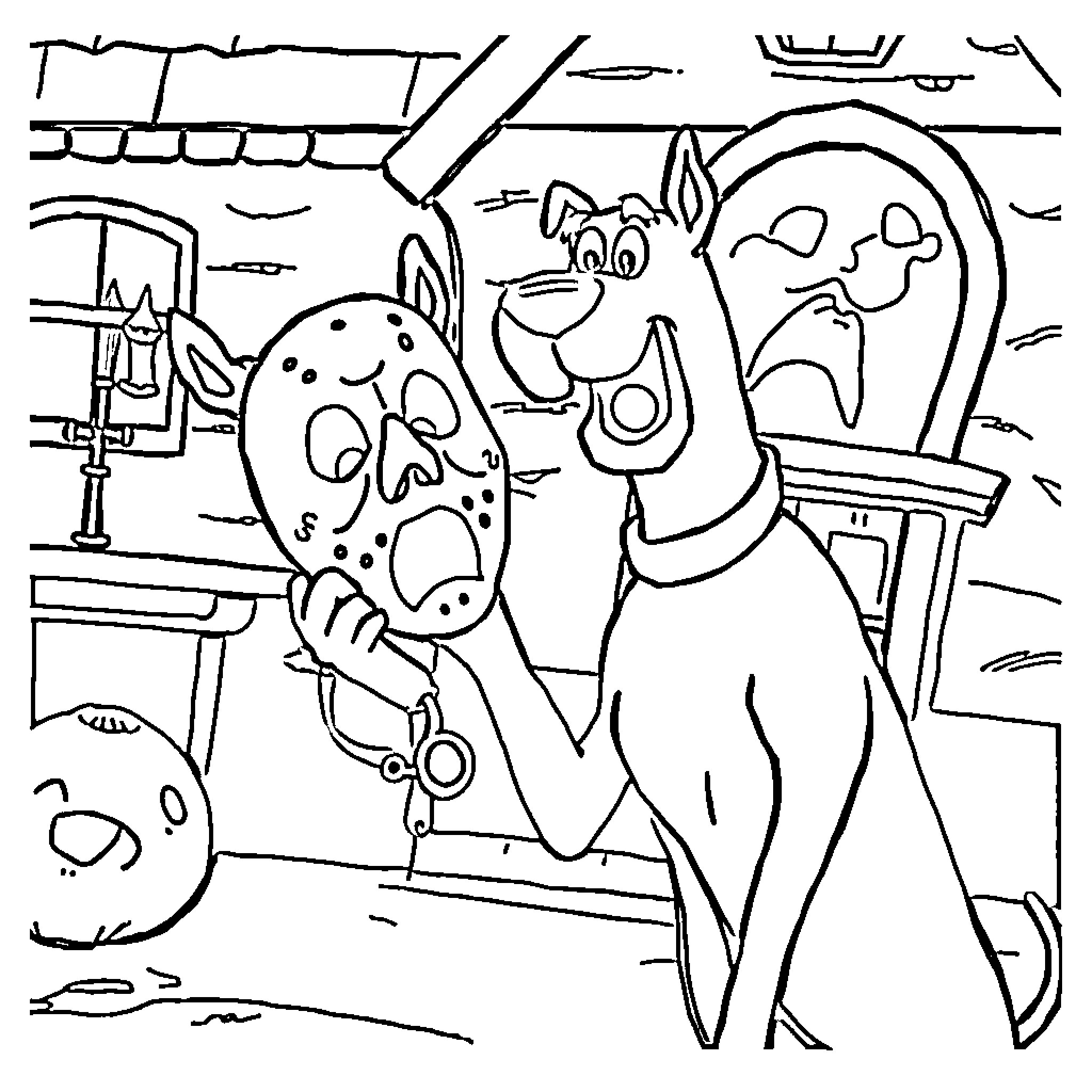 Scooby Doo's Spooky Adventure in the Mystery Mansion Coloring Page (free black-and-white line drawing printable PDF for all, from beginners to advanced learners, including children, teens, adults, and seniors)