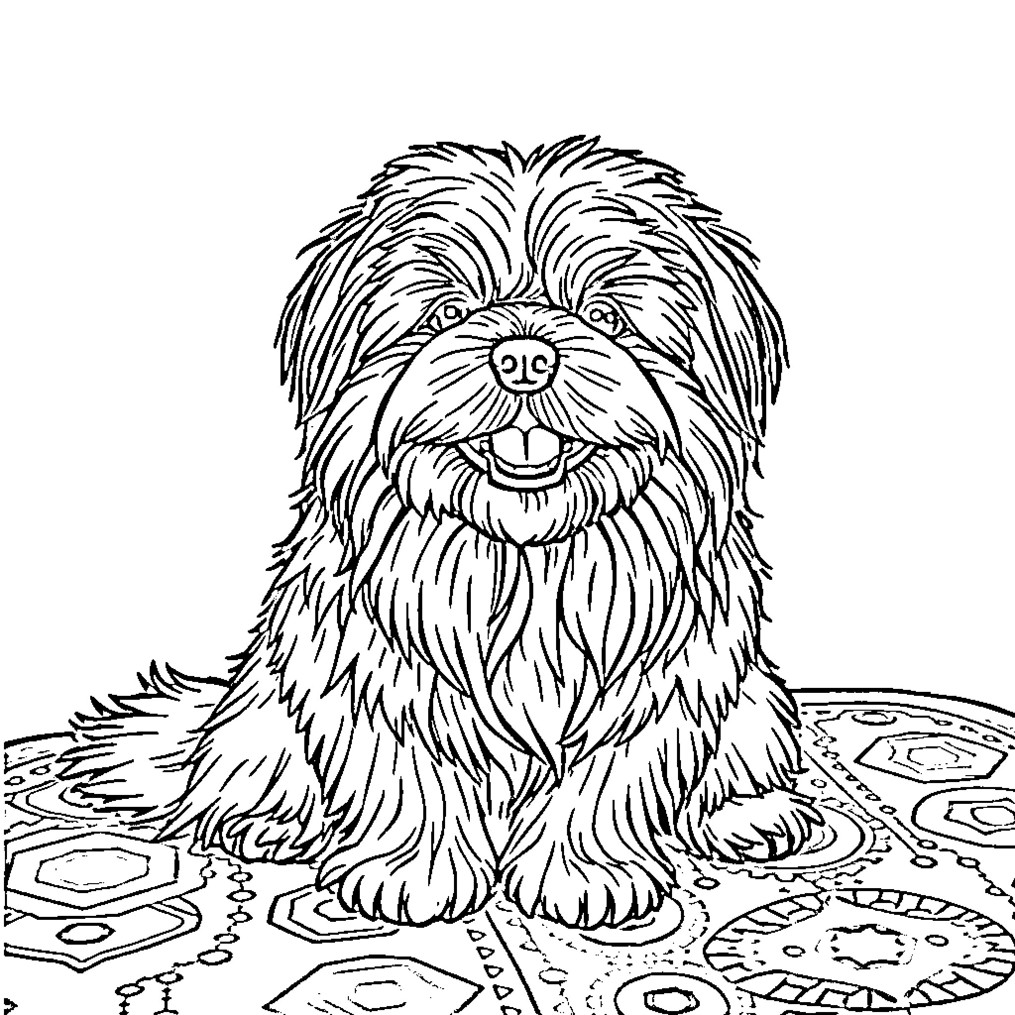 Lhasa Apso Sitting Happily on Patterned Rug Coloring Page (free black-and-white line drawing printable PDF for all, from beginners to advanced learners, including children, teens, adults, and seniors)