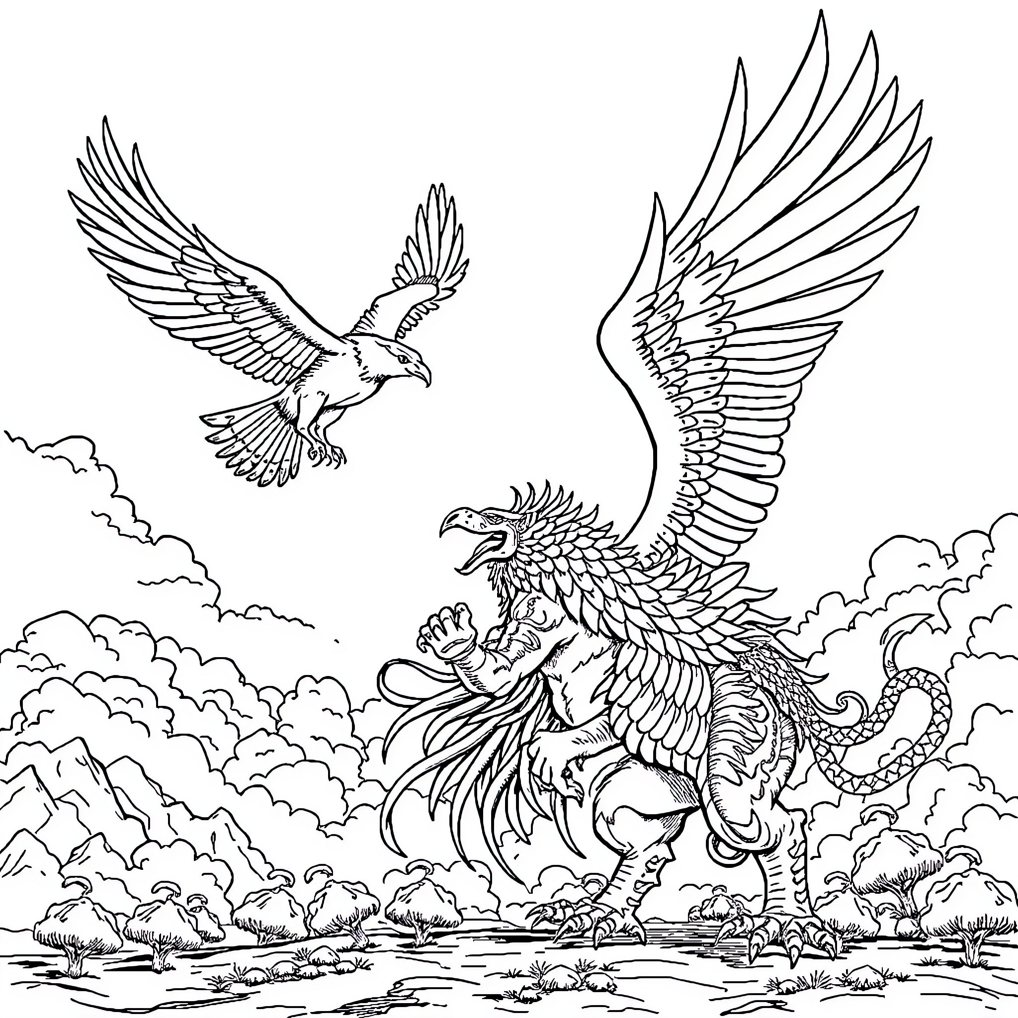 Garuda soaring in the sky with majestic wings Coloring Page (free black-and-white line drawing printable PDF for all, from beginners to advanced learners, including children, teens, adults, and seniors)