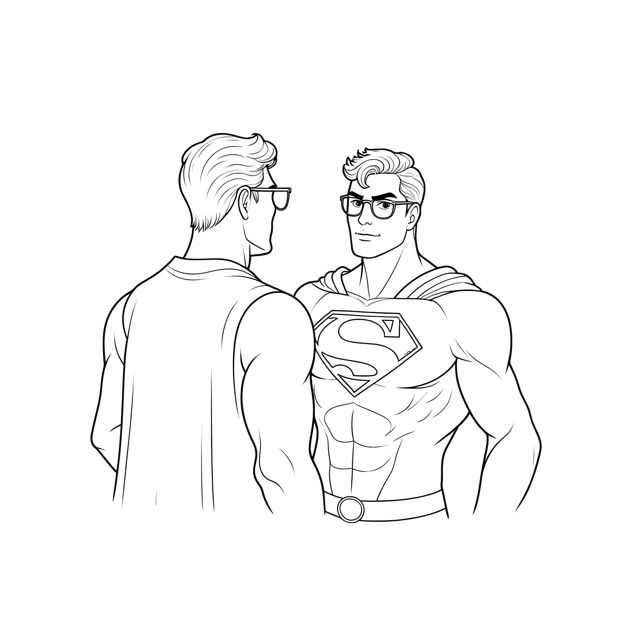 Superman standing heroically in full costume Coloring Page (free black-and-white line drawing printable PDF for all, from beginners to advanced learners, including children, teens, adults, and seniors)