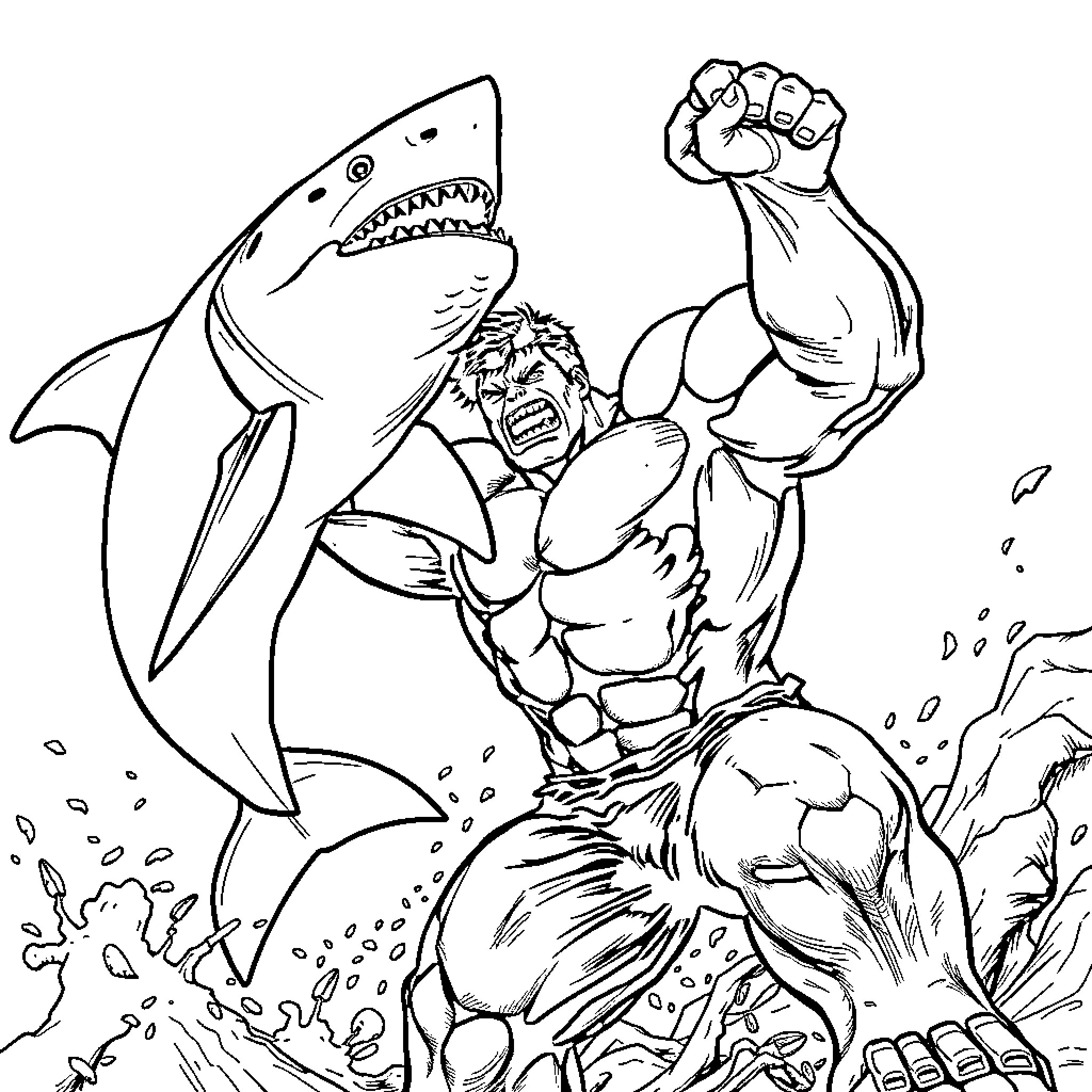 Hulk Battling Ferocious Shark in Dramatic Encounter Coloring Page (free black-and-white line drawing printable PDF for all, from beginners to advanced learners, including children, teens, adults, and seniors)