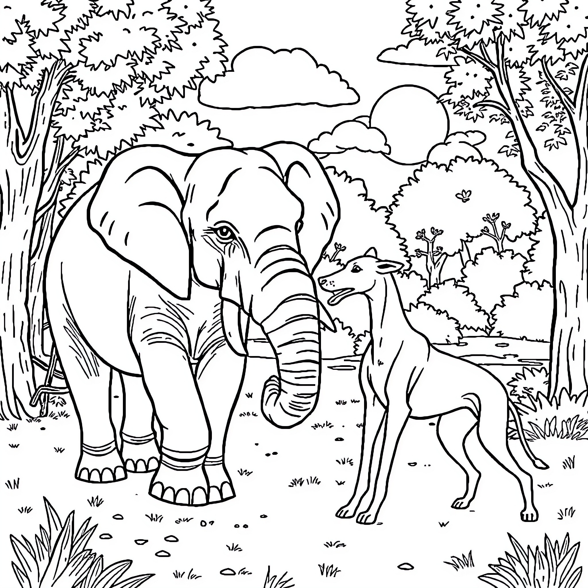 Elephant Exploring the Enchanting Wilderness Coloring Page (free black-and-white line drawing printable PDF for all, from beginners to advanced learners, including children, teens, adults, and seniors)
