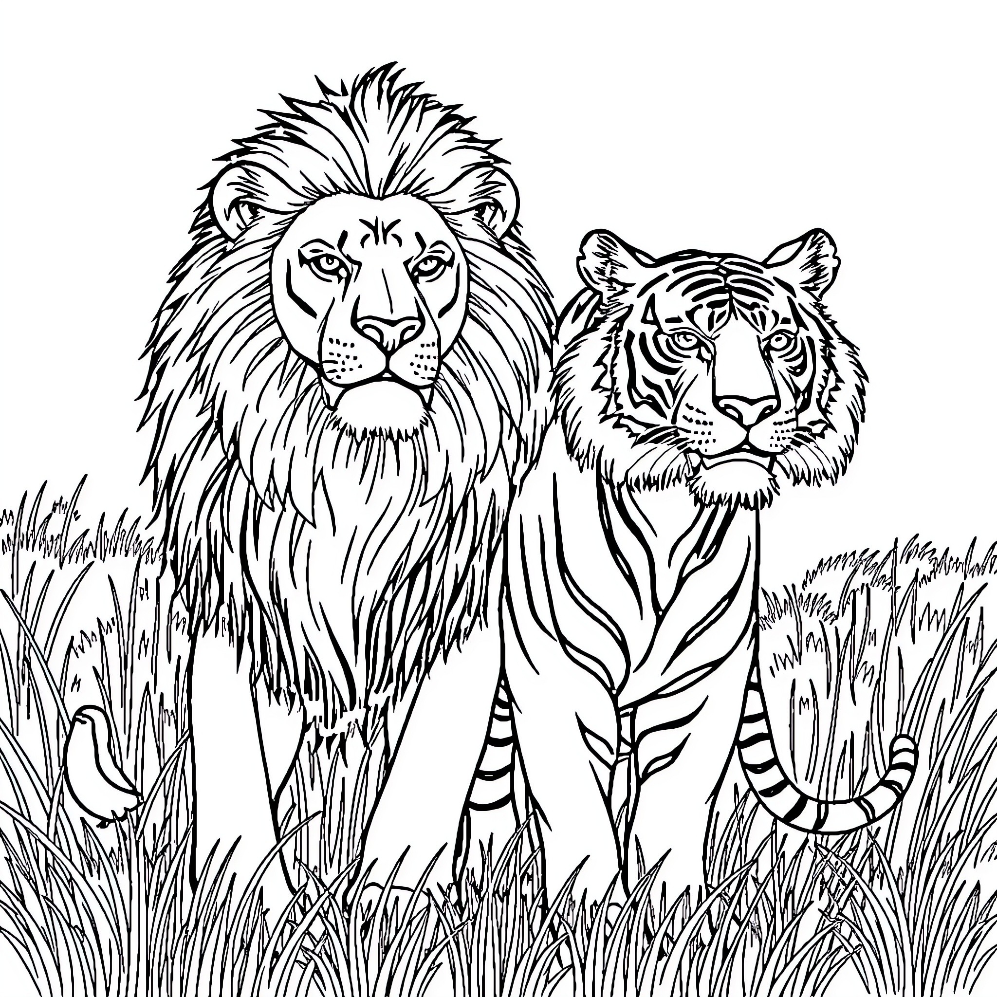 Lion and Tiger Roaming Together in the Wilderness Coloring Page (free black-and-white line drawing printable PDF for all, from beginners to advanced learners, including children, teens, adults, and seniors)